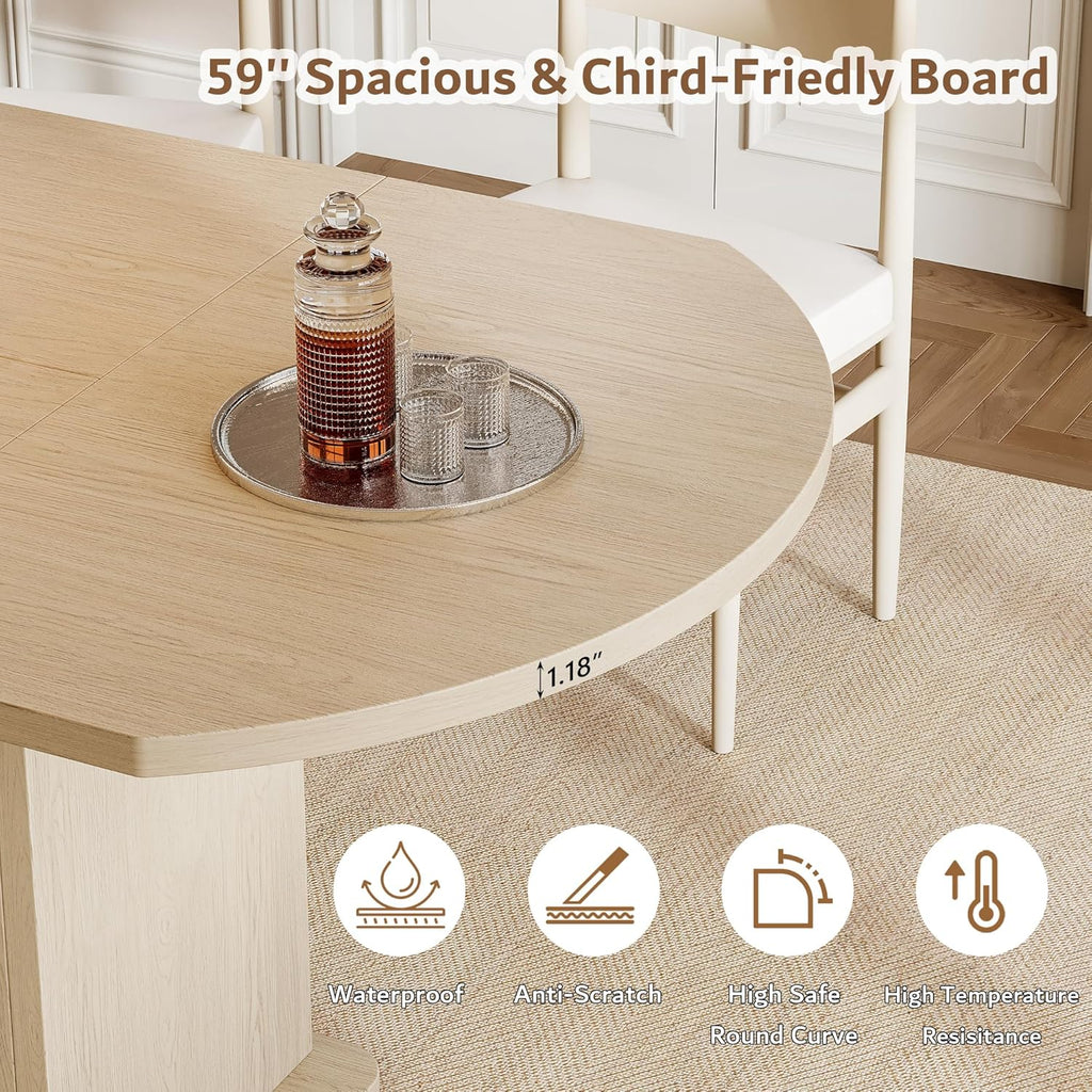 iPormis Extendable Round Dining Table for 4-6, 59'' Modern Kitchen Table with 2-Tier Storage Shelf, Wood Door, MDF Board, Space Saving Oval Dinner with Sturdy Pedestal Base, Kitchen, Dining, Natural