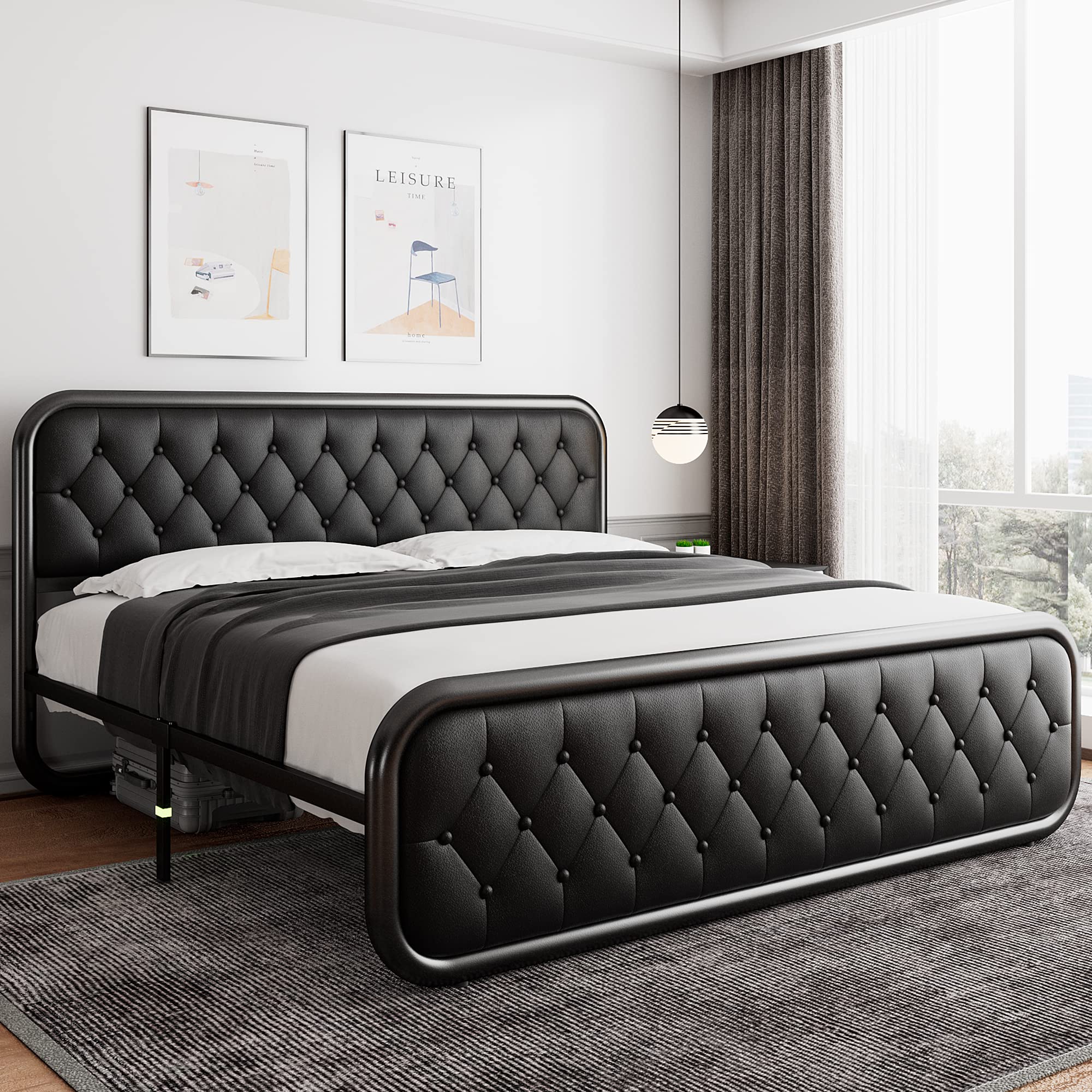 iPormis Queen Size Metal Bed Frame with Leather Headboard, Heavy-Duty Platform Bed Frame, Thicker Metal Steel Slats Support, 12'' Under-Bed Space, Noise-Free, Easy Assembly, Black