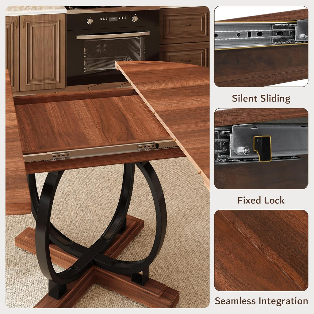 Pormis 59'' Extendable Round Dining Table for 4 to 6, Kitchen Table with Sturdy X-Base Metal Legs, MDF Board with Backboard Clasp, Space Saving, Easy Assembly, Kitchen, Dining Room, Walnut