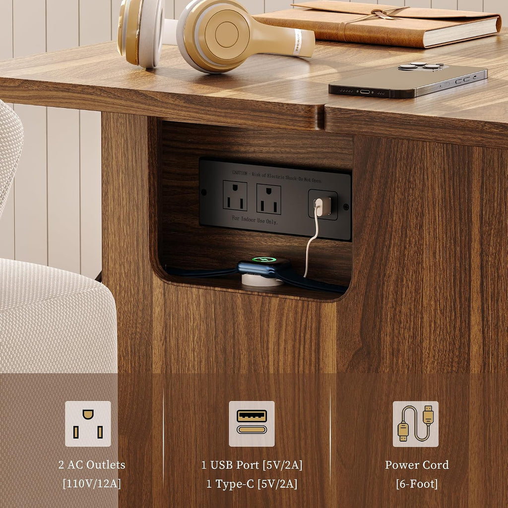 iPormis Narrow Nightstand with Charging Station, Extendable Desktop, Drawer | 15.7''-31.5'' Expandable Surface, Rolling Wheels, Rattan Wood Storage Cabinet, Space-Saving for Bedroom Small Spaces, Walnut