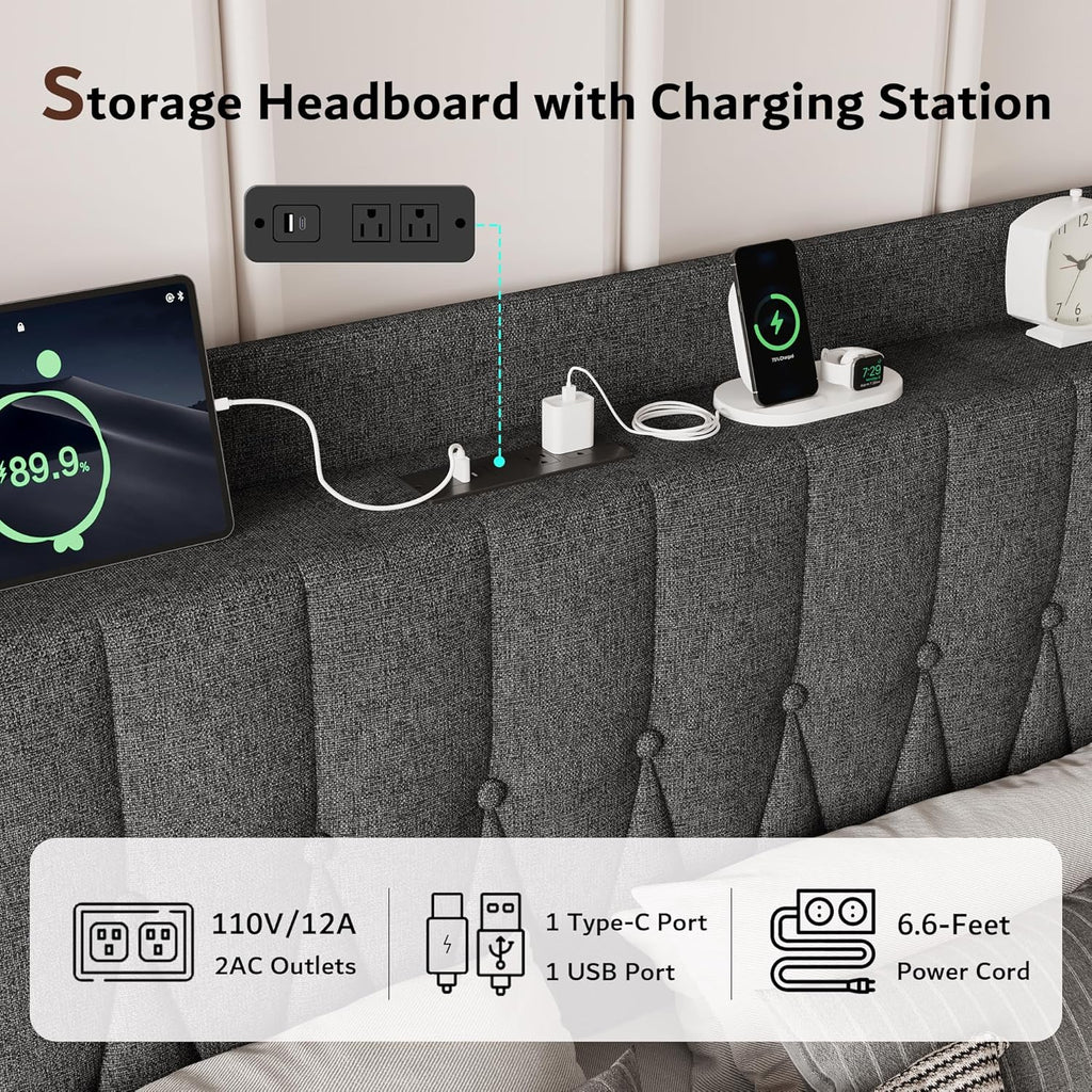 iPormis Metal Bed Frame Queen Size with Charging Station, Velvet Upholstered Headboard and Footboard, Heavy Duty Steel Support, 12" Under Bed Storage, No Box Spring Needed, Easy Assembly, Dark Grey