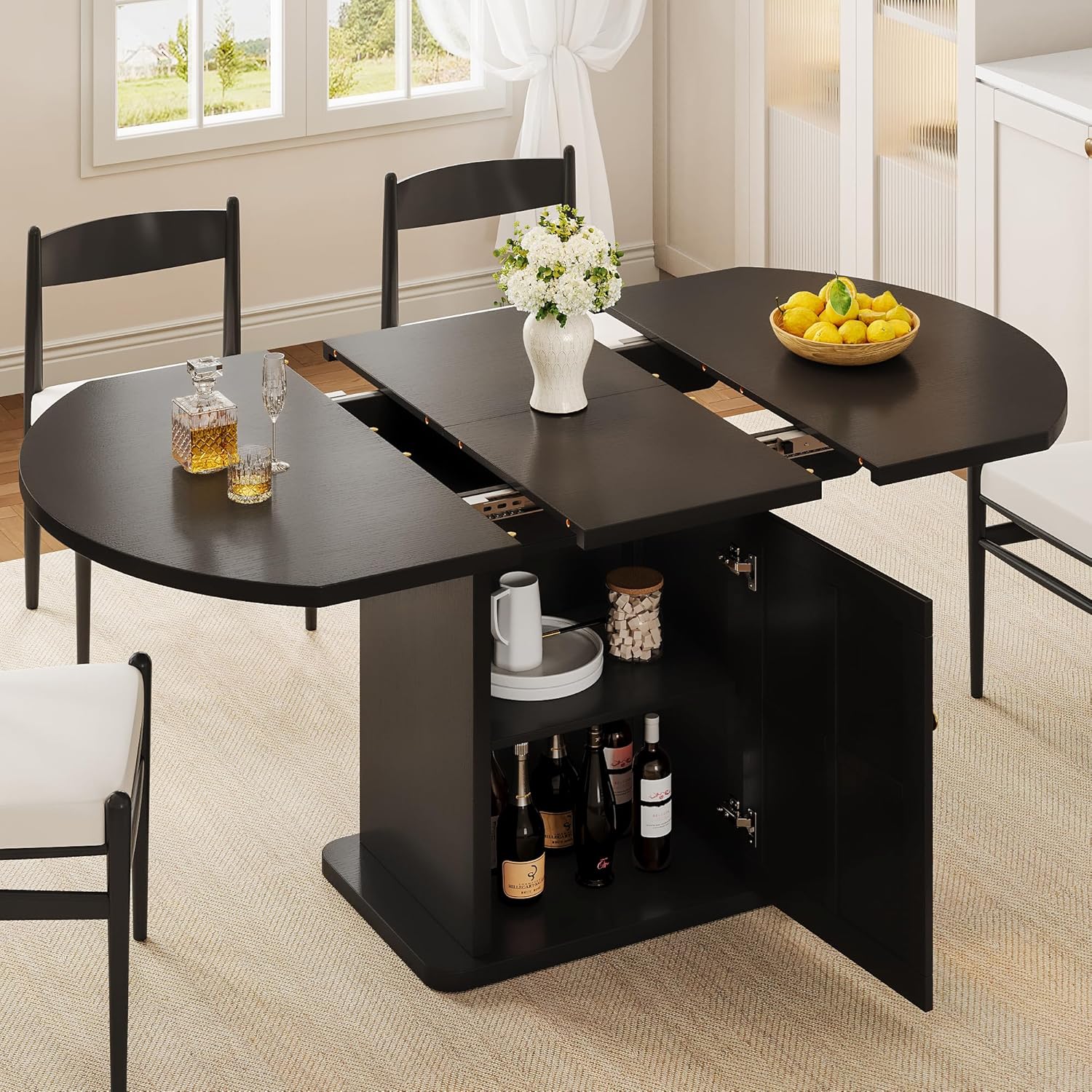 iPormis Round Dining Table for 4-6, 59'' Extendable Dining Room Kitchen Table with 2-Tier Storage Shelf, Wood Dinner Table with Door, Sturdy Pedestal Base, Space Saving, Kitchen, Dining, Black