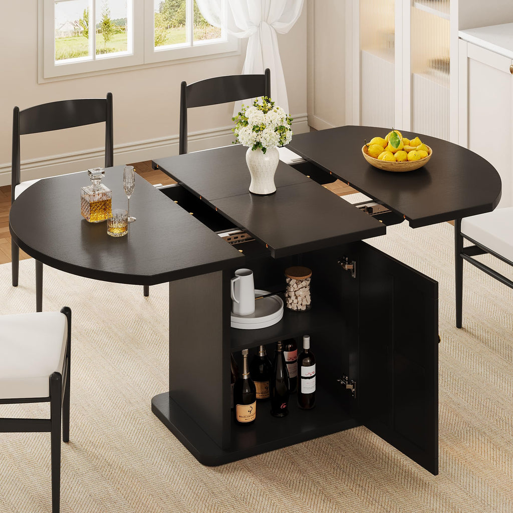 iPormis Extendable Round Dining Table for 4-6, 59'' Modern Kitchen Table with 2-Tier Storage Shelf, Wood Door, MDF Board, Space Saving Oval Dinner with Sturdy Pedestal Base, Kitchen, Dining, Natural