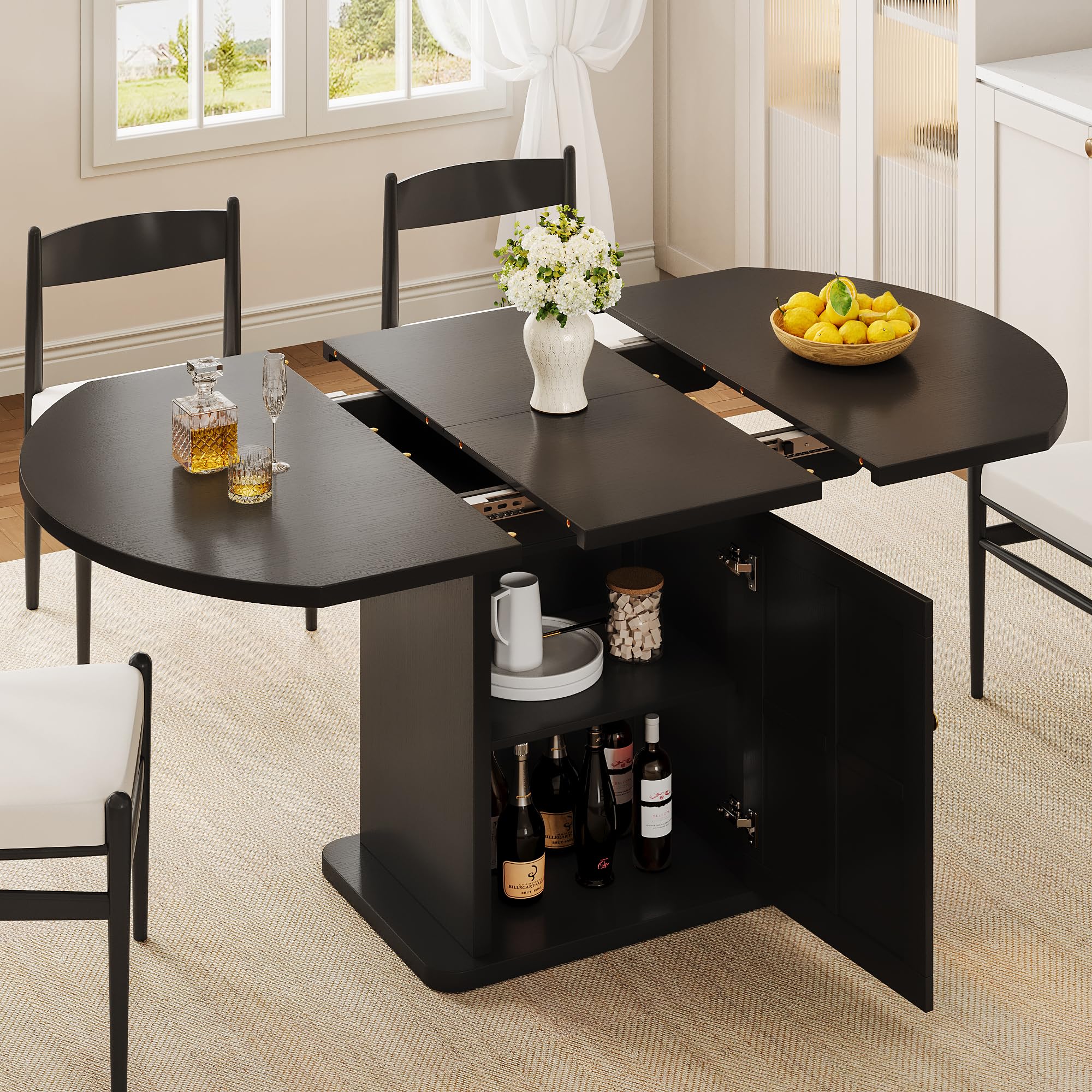 iPormis Extendable Round Dining Table for 4-6, 59'' Modern Kitchen Table with 2-Tier Storage Shelf, Wood Door, MDF Board, Space Saving Oval Dinner with Sturdy Pedestal Base, Kitchen, Dining, Natural