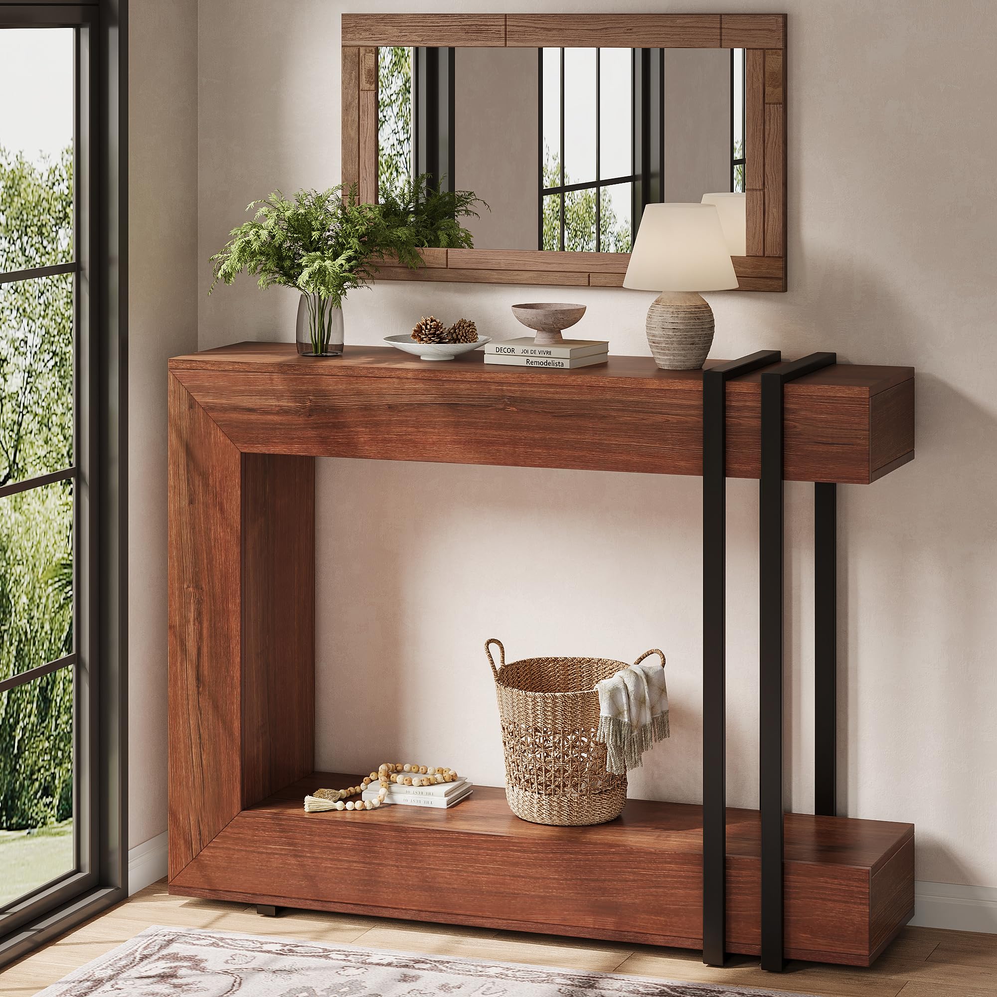 iPormis 42.5-Inch Console Table for Entryway, 2-Tier Sofa Table Behind Couch, Wood Entry Table with Storage & Metal Lines Base for Living Room, Hallway, Foyer, Black