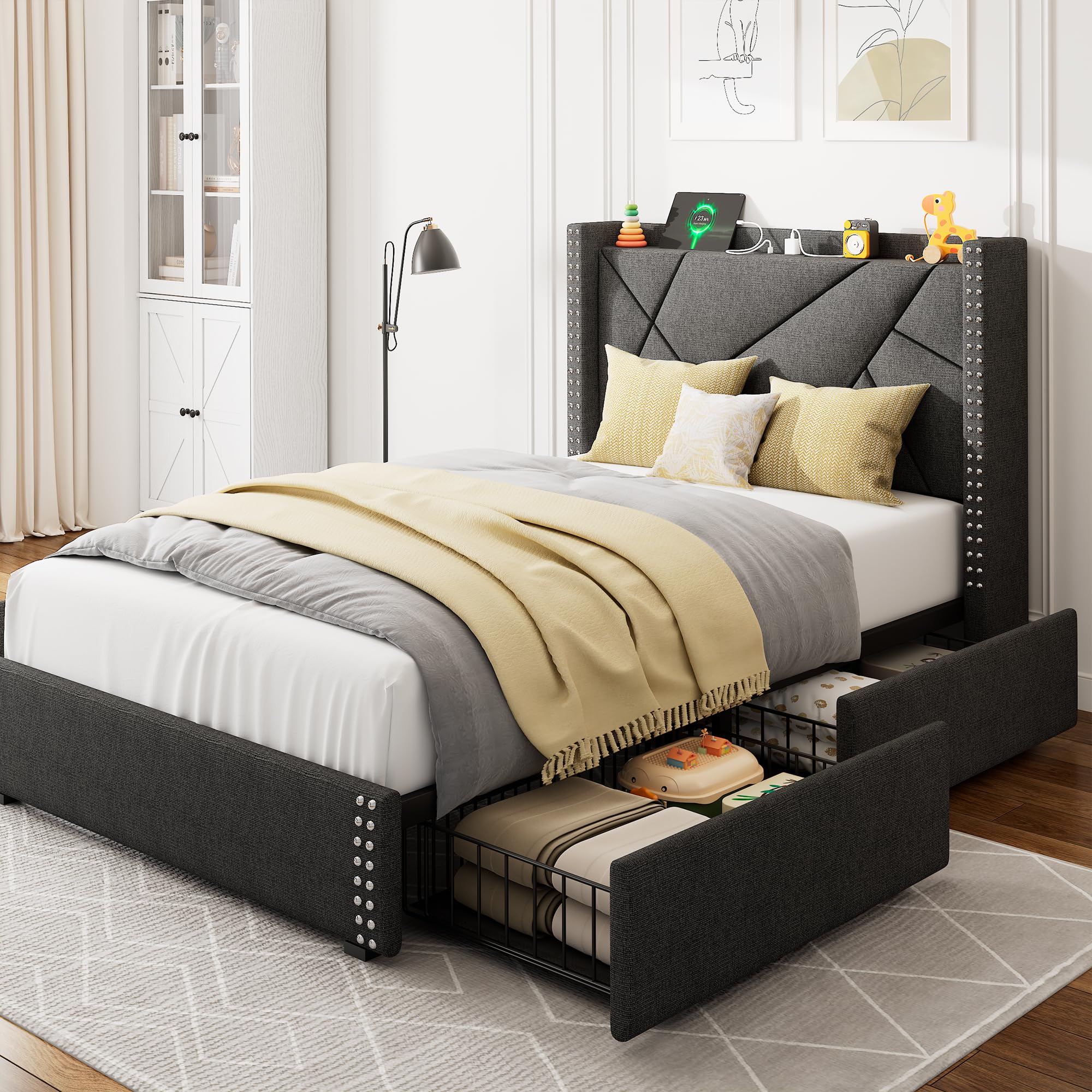 iPormis Full Size Bed Frame with 4 Storage Drawers, Upholstered Headboard Bed with Charging Station, Solid Wooden Slats Support, Easy Assembly, Black