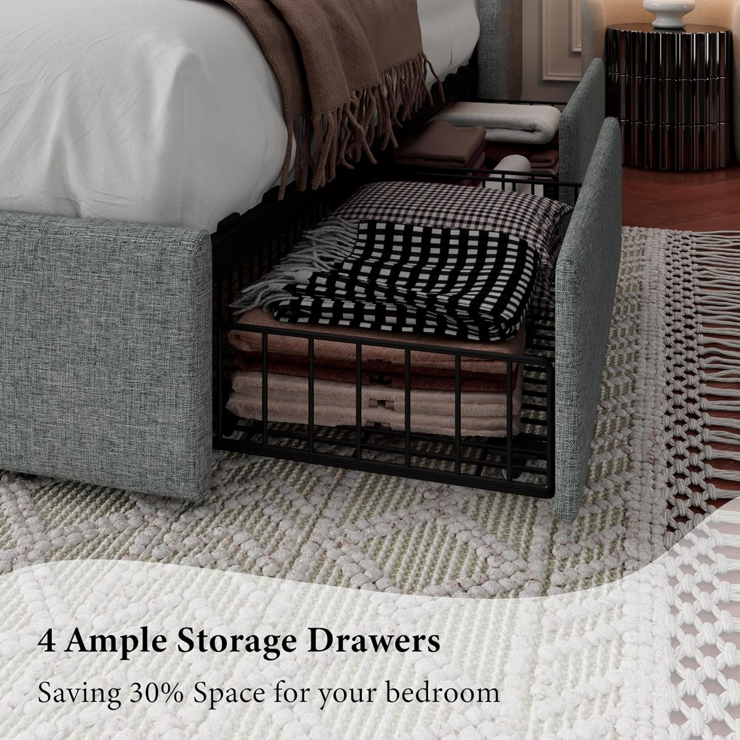 iPormis Queen Bed Frame with 4 Storage Drawers, Upholstered Platform Bed Frame with Type-C & USB Ports, Wingback Storage Headboard, Solid Wood Slats, No Box Spring Needed, Light Gray