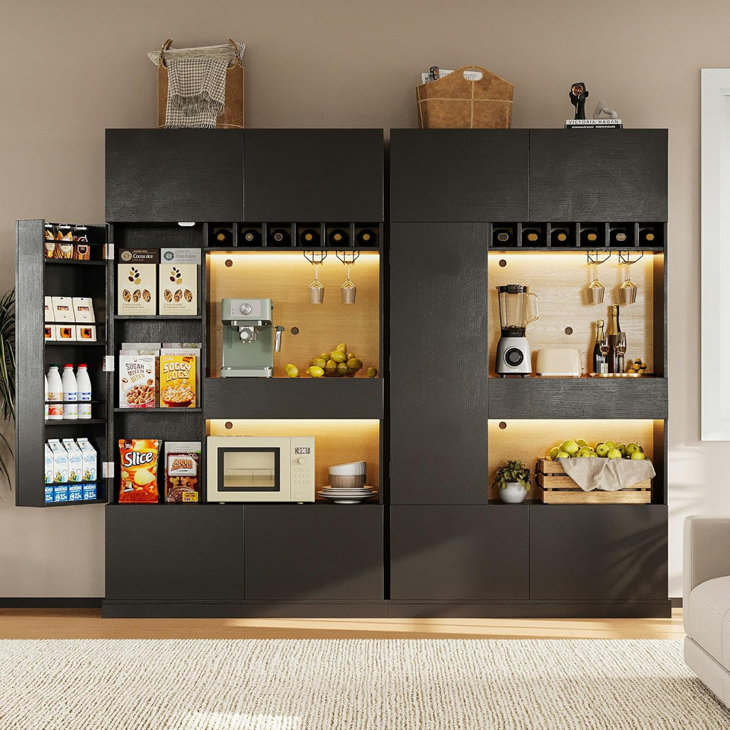 iPormis 69" Tall Kitchen Pantry Storage Cabinet with LED Lights & Microwave Stand & Wine Rack, Kitchen Hutch with Door Shelves & Adjustable Shelf & Drawers & Charge Station for Living Room, Black