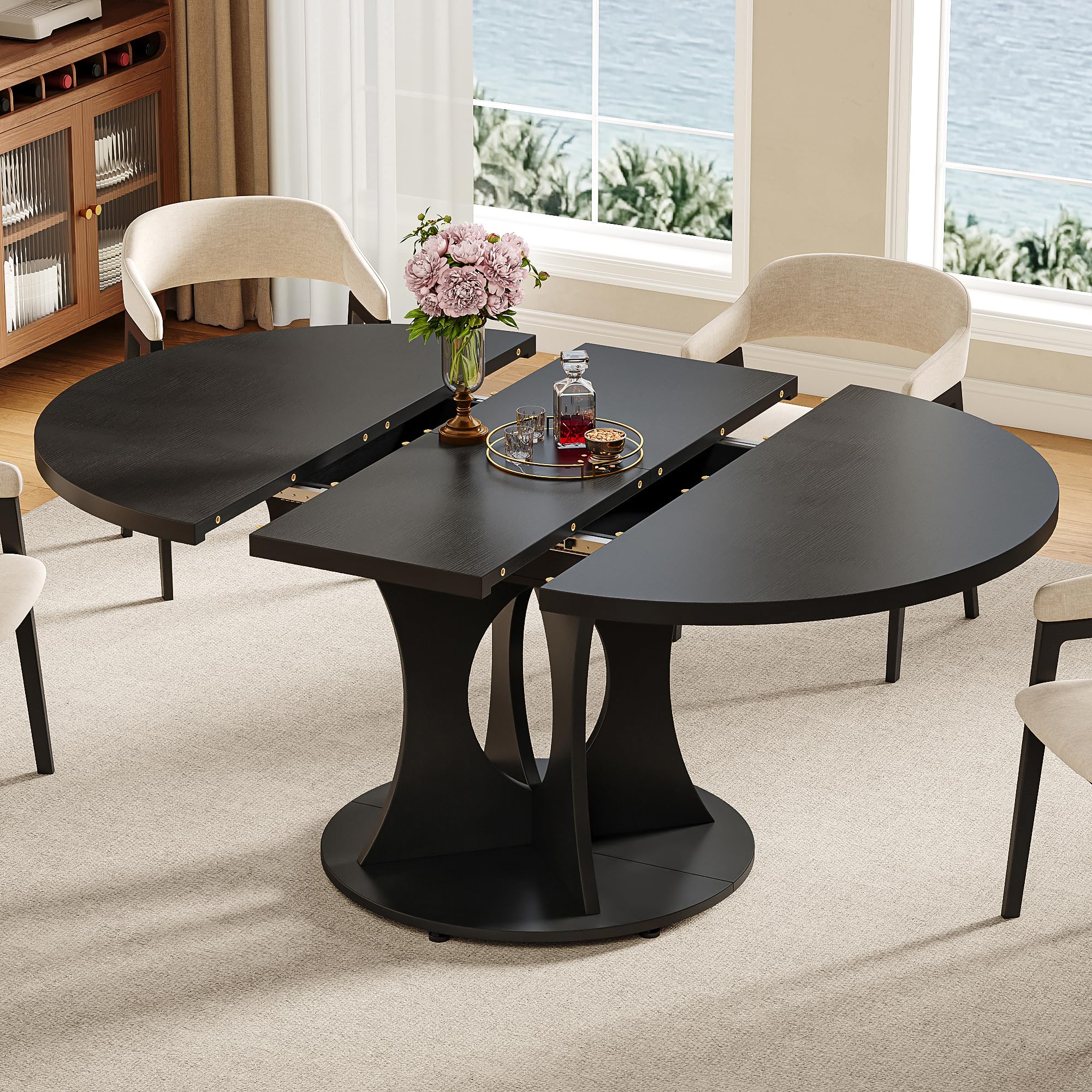 iPormis 47 Inch Round Dining Table for 4-6 People, Wooden Dining Room Table with Pedestal Base, Modern Kitchen Table for Small Spaces, Black, Table Only