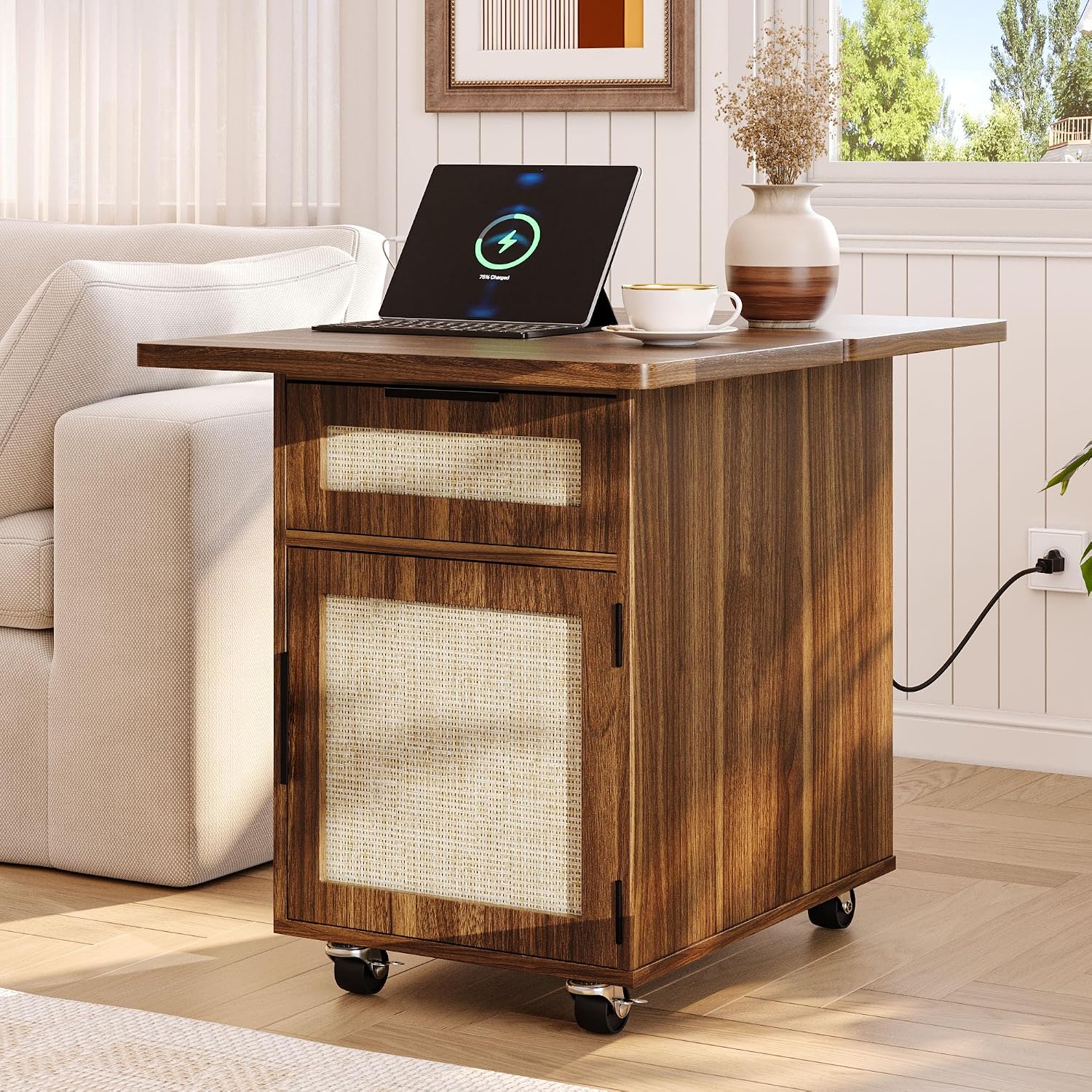 iPormis Narrow Nightstand with Charging Station, Extendable Desktop, Drawer | 15.7''-31.5'' Expandable Surface, Rolling Wheels, Rattan Wood Storage Cabinet, Space-Saving for Bedroom Small Spaces, Walnut