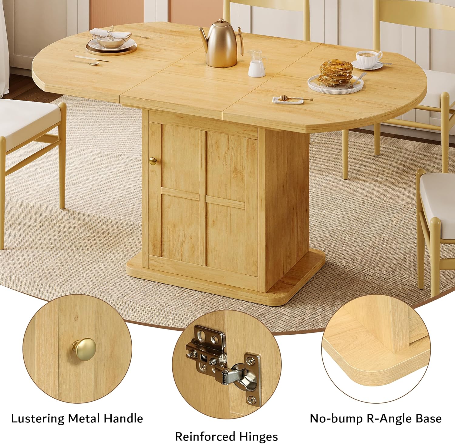 iPormis Extendable Round Dining Table for 4-6, 59'' Modern Kitchen Table with 2-Tier Storage Shelf, Wood Door, MDF Board, Space Saving Oval Dinner with Sturdy Pedestal Base, Kitchen, Dining, Oak