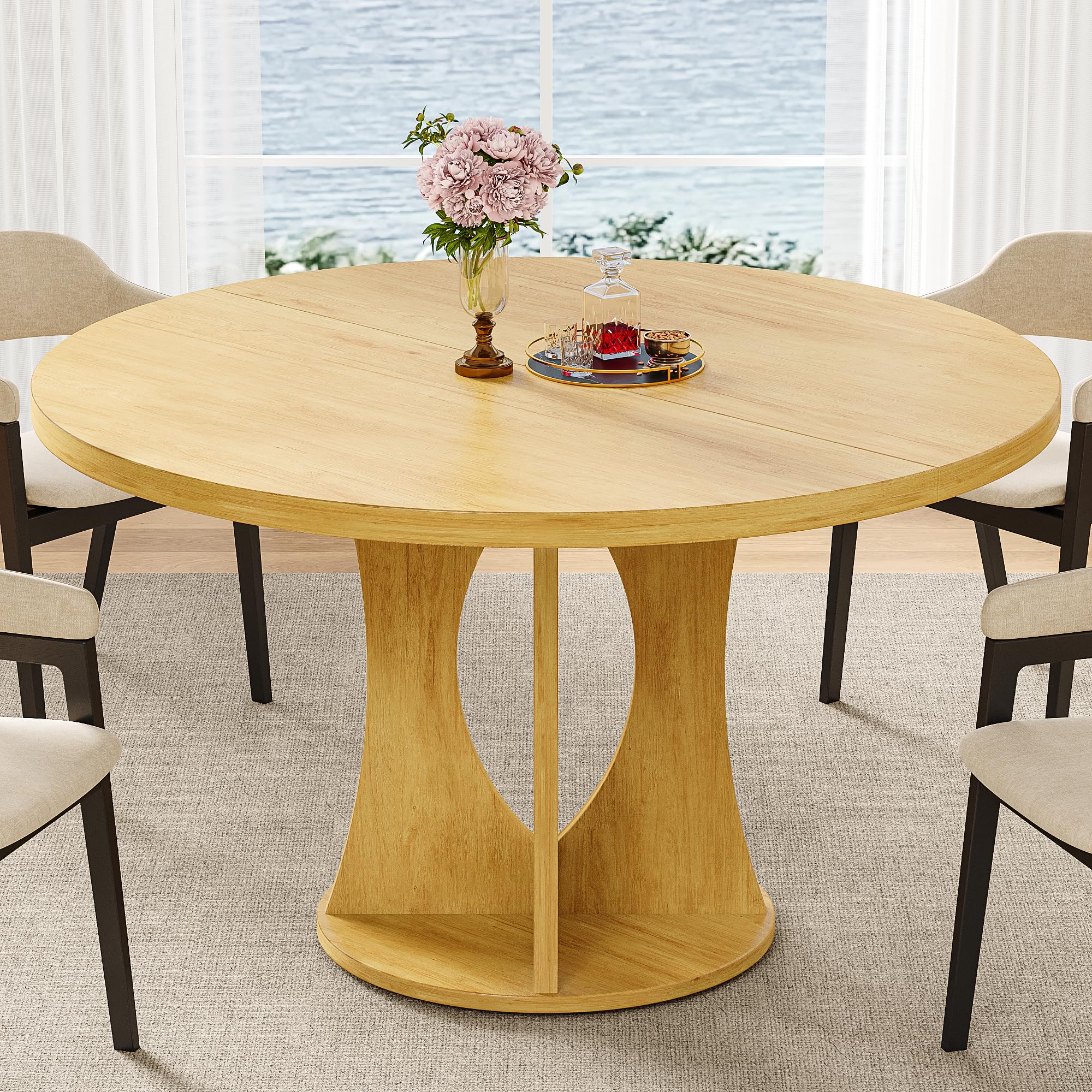 iPormis 47 Inch Round Dining Table for 4-6 People, Wooden Dining Room Table with Pedestal Base, Modern Kitchen Table for Small Spaces, Black, Table Only
