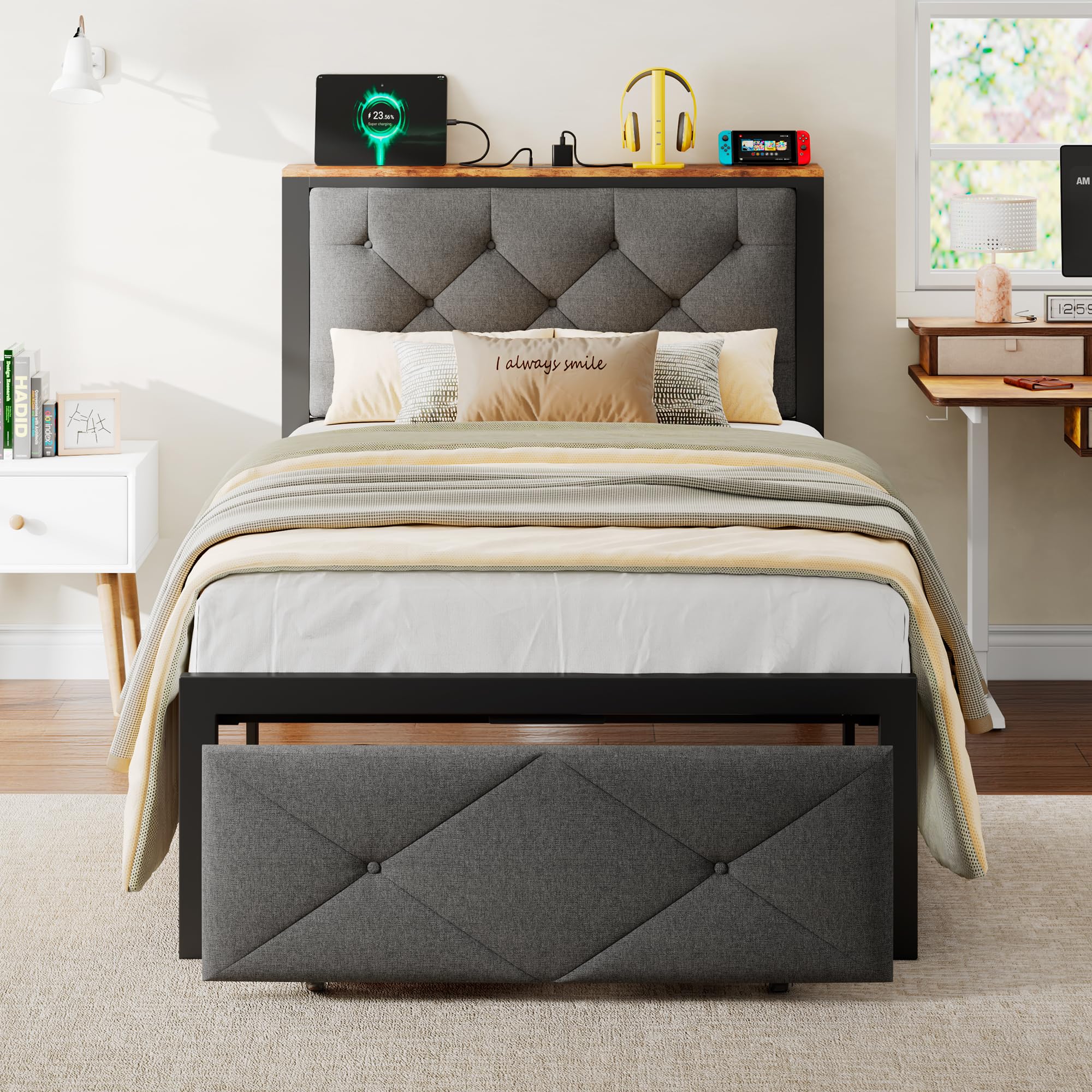 iPormis Full Bed Frame with 2 Storage Drawers, Linen Upholstered Headboard Platform Bed with Charging Station, No Box Spring Needed, Metal Slats Support, Noise-Free, Easy Assembly, Black