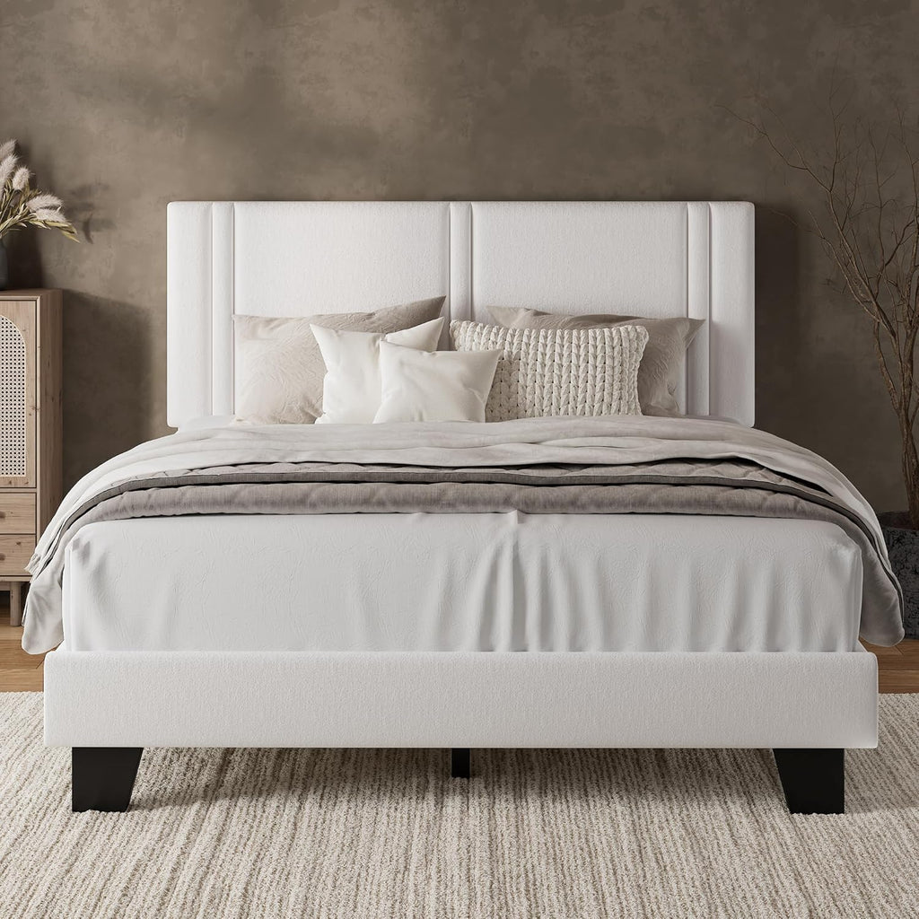 iPormis Queen Platform Bed Frame with Velvet Upholstered Headboard & Thickened Legs, Mattress Foundation with Solid Wooden Slats Support, No Box Spring Needed, Noise Free, White