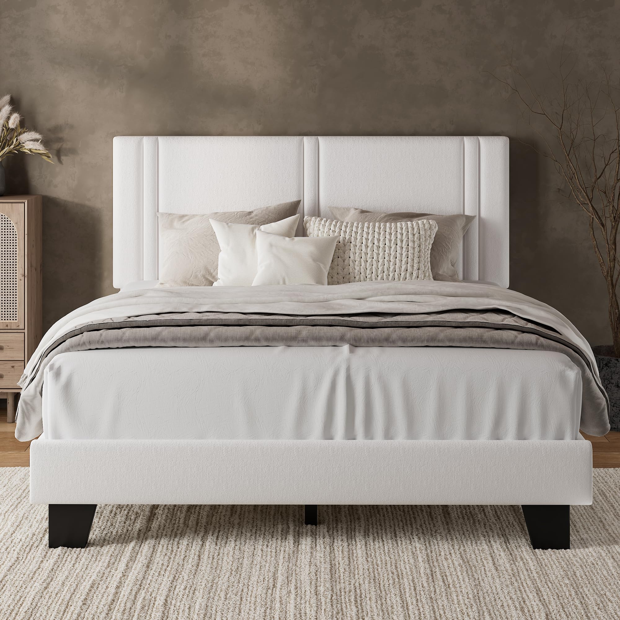 iPormis Queen Platform Bed Frame with Fabric Upholstered Headboard & Thickened Legs, Mattress Foundation with Solid Wooden Slats Support, No Box Spring Needed, Noise Free, Black