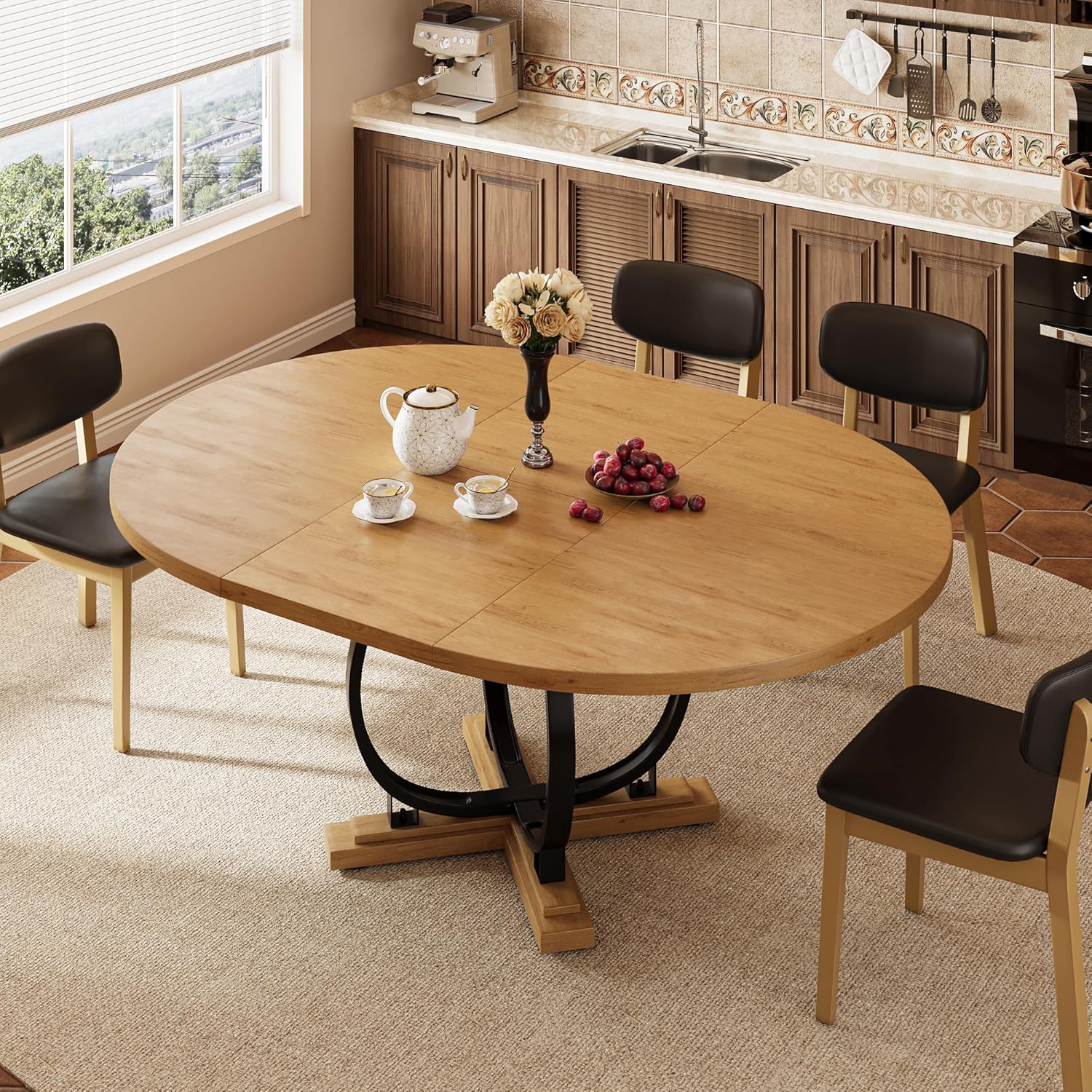 iPormis 59'' extendable round dining table, wood finish, set for 4 to 6, in a bright dining room setting.