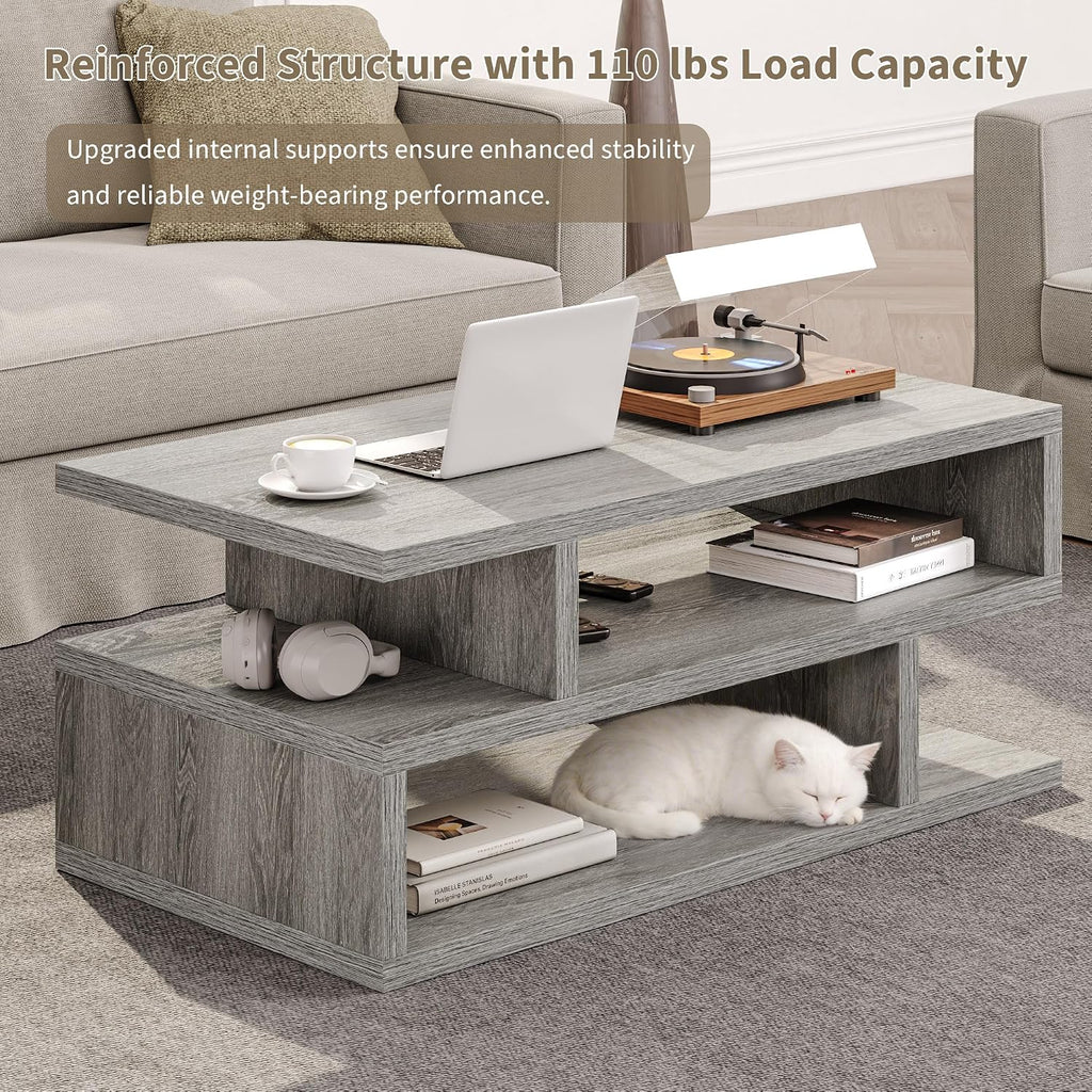 iPormis 41.3" Coffee Table with 3-Tier Storage Space, Modern Coffee Table with Geometric Design for Living Room, Apartment, Home Office, Easy Assembly, Elegant Grey