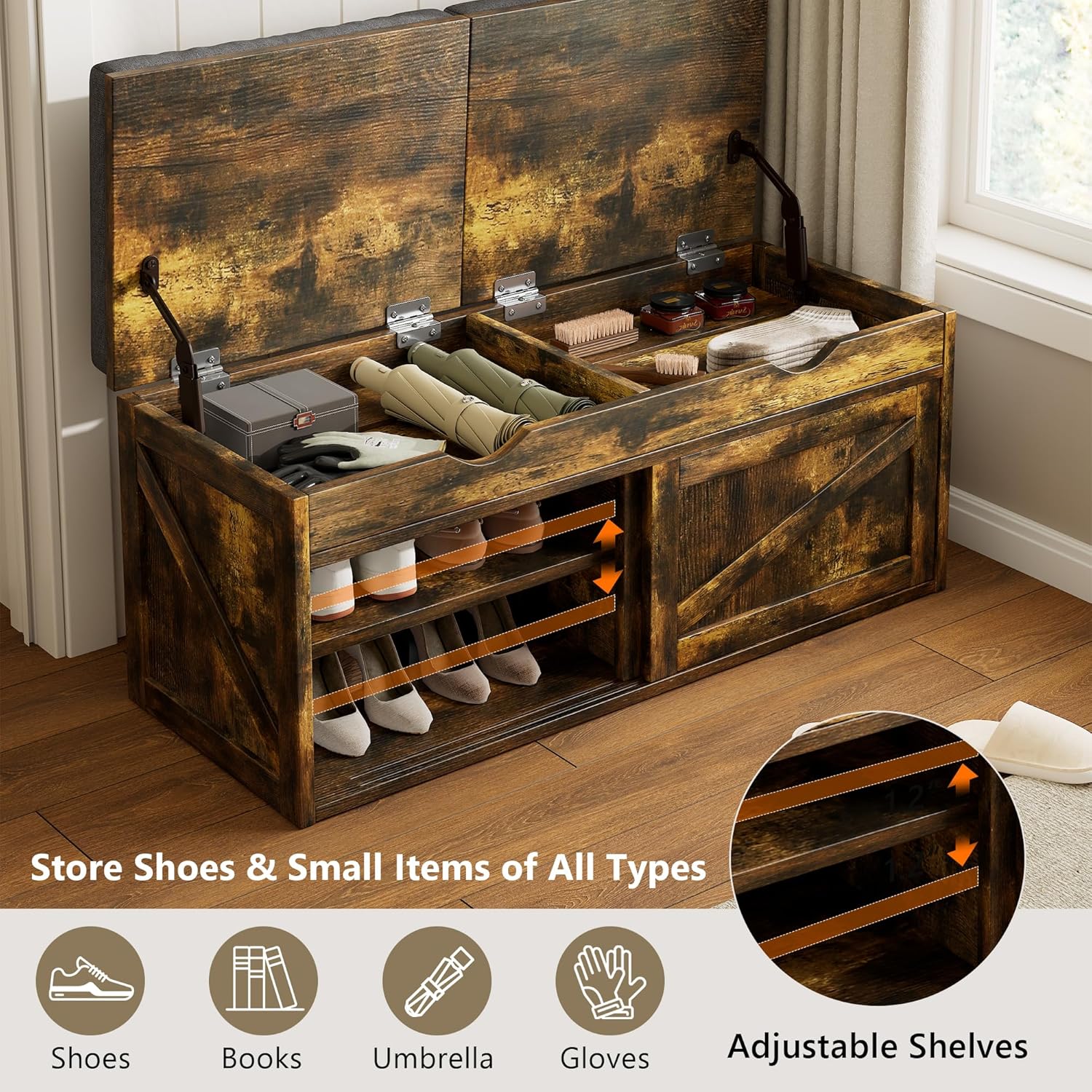 iPormis Shoe Storage Bench,40" Wide 2-Tier Shoe Bench with Padded Seat Cushion and Lift Top Storage,Entryway Bench with Adjustable Shelf,Wooden End of Bed Bench,Rustic Brown