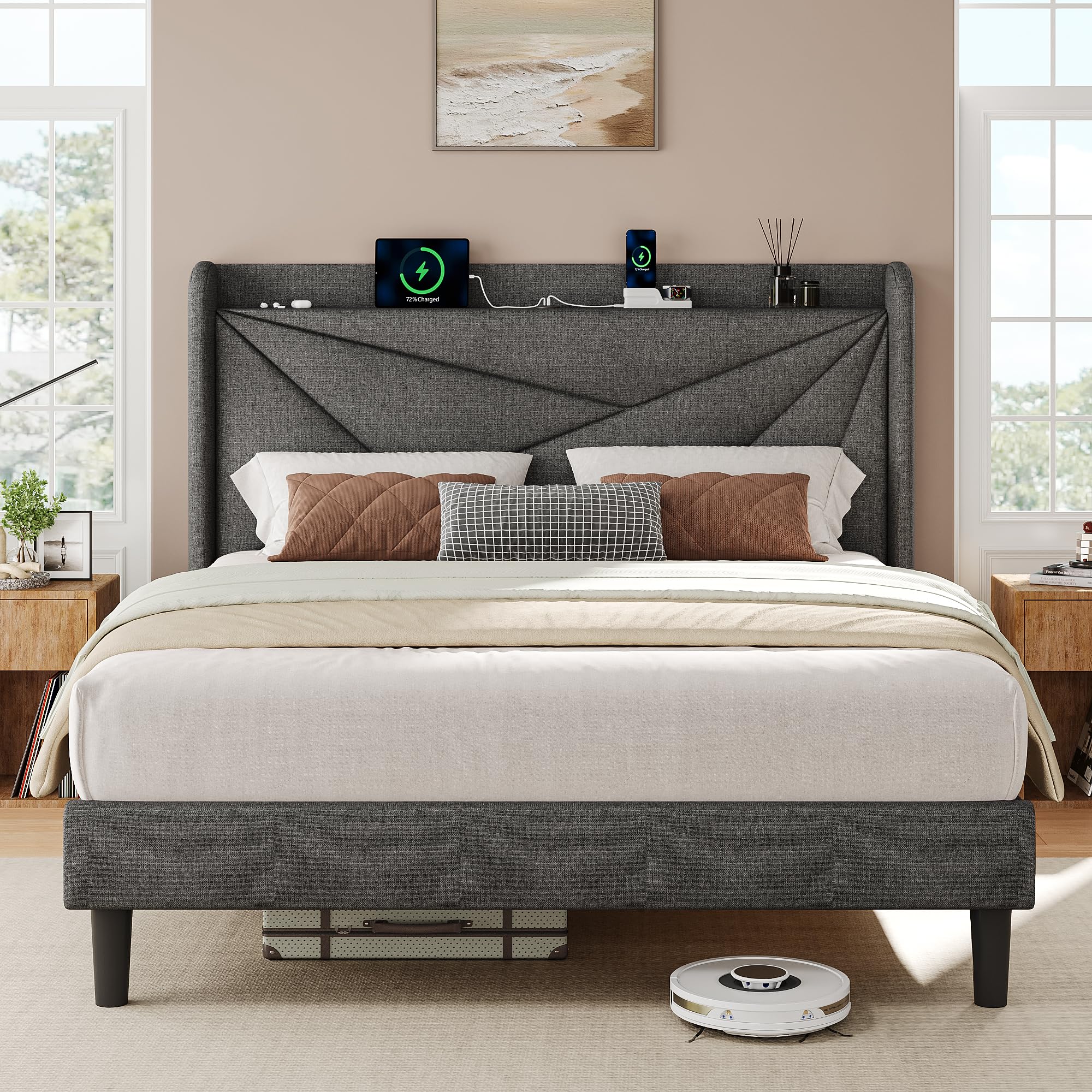 iPormis Twin Size Bed Frame with Charging Station, Linen Platform Bed Frame with Wingback Upholstered Headboard, Solid Wood Slats Support, No Box Spring Needed, Easy Assembly, Dark Grey