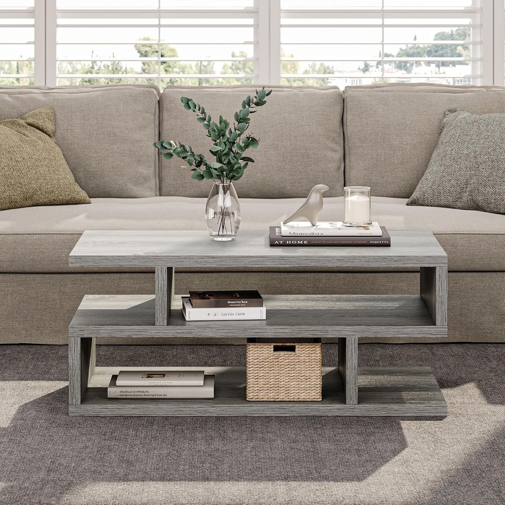 iPormis 41.3" Coffee Table with 3-Tier Storage Space, Modern Coffee Table with Geometric Design for Living Room, Apartment, Home Office, Easy Assembly, Elegant Grey