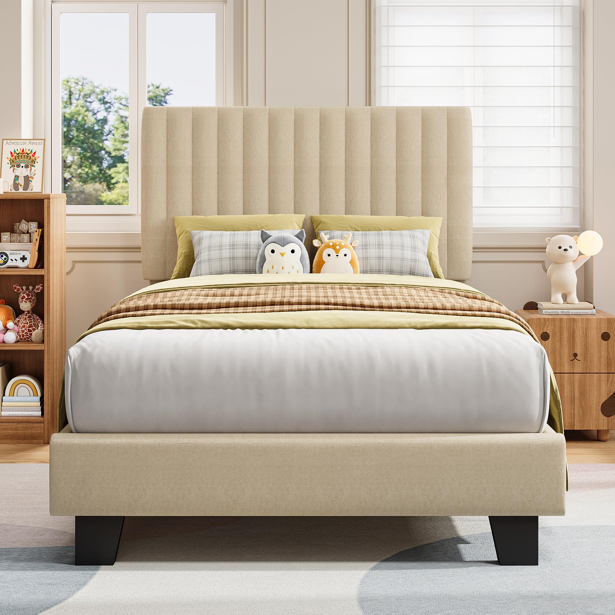 iPormis Queen Size Bed Frame, Upholstered Platform Bed with Vertical Linen Headboard, Wide Bed Legs and Strong Wood Slats Support, No Box Spring Needed, Easy Assembly, Noise Free, Beige