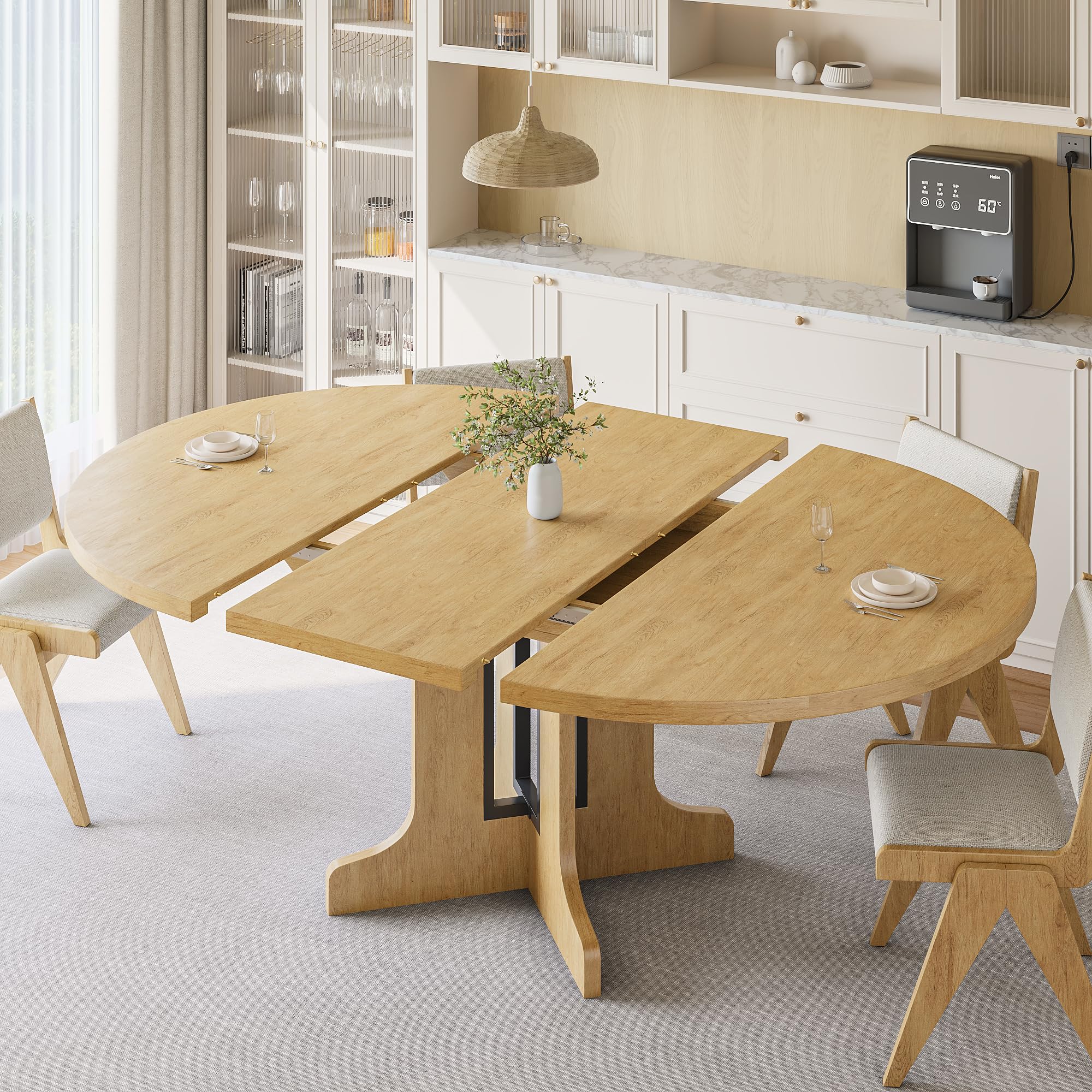 Modern iPormis 59" round dining table with wooden top and heavy-duty pedestal base, seating 4-6 in a kitchen setting.