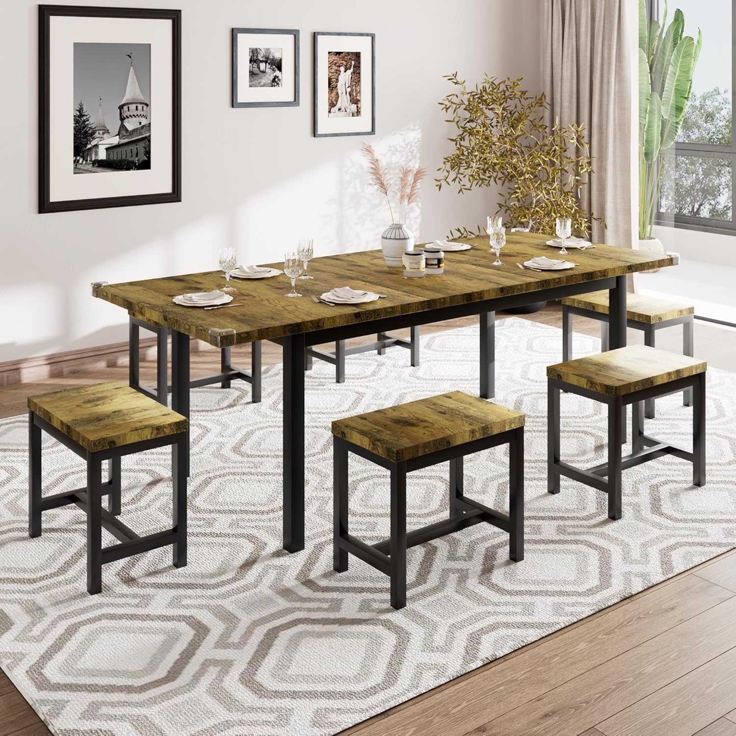 iPormis 7-piece dining table set with 63" extendable table and 6 stools in a modern kitchen setting.