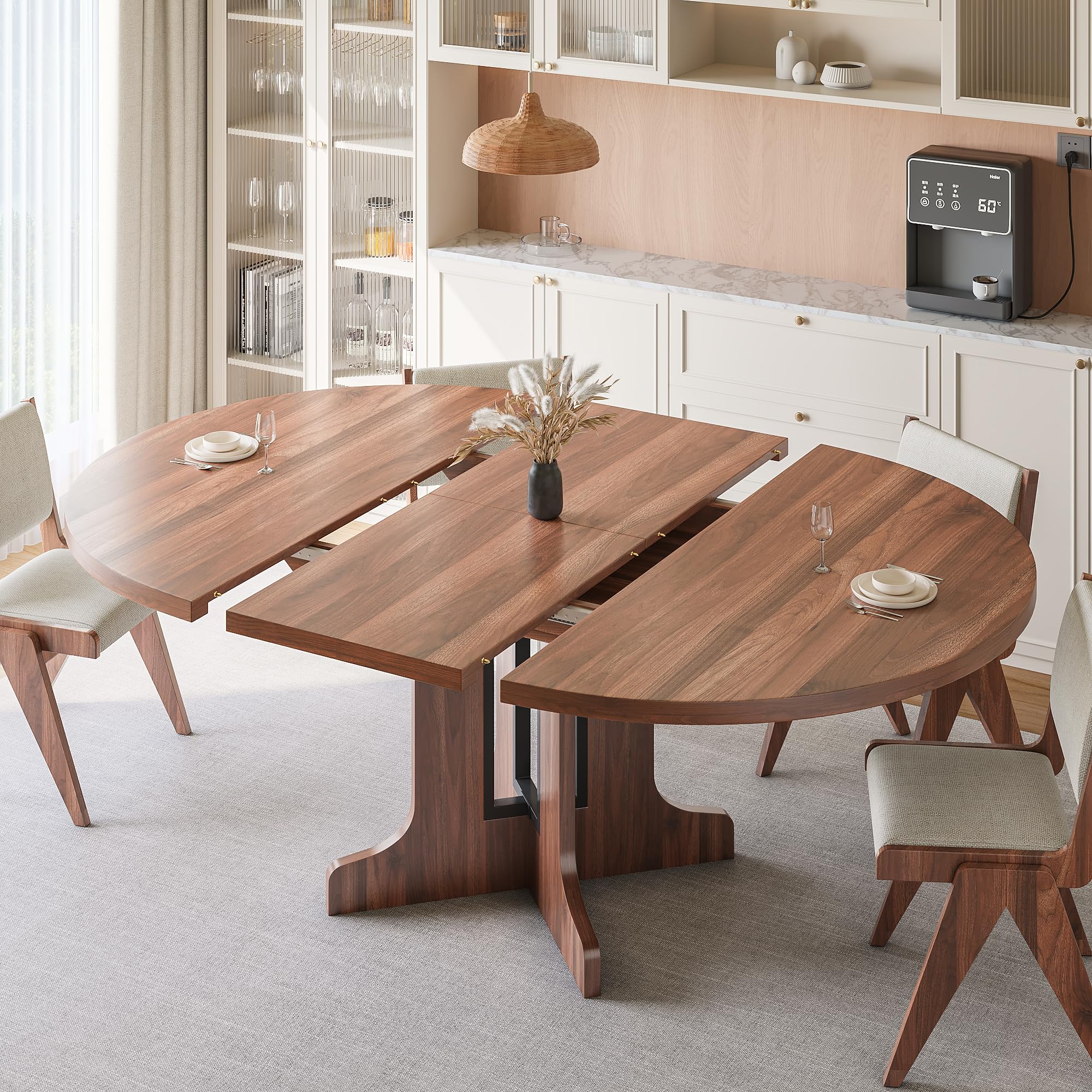 iPormis 59" extendable round dining table with wooden top and heavy-duty pedestal base for modern kitchens.