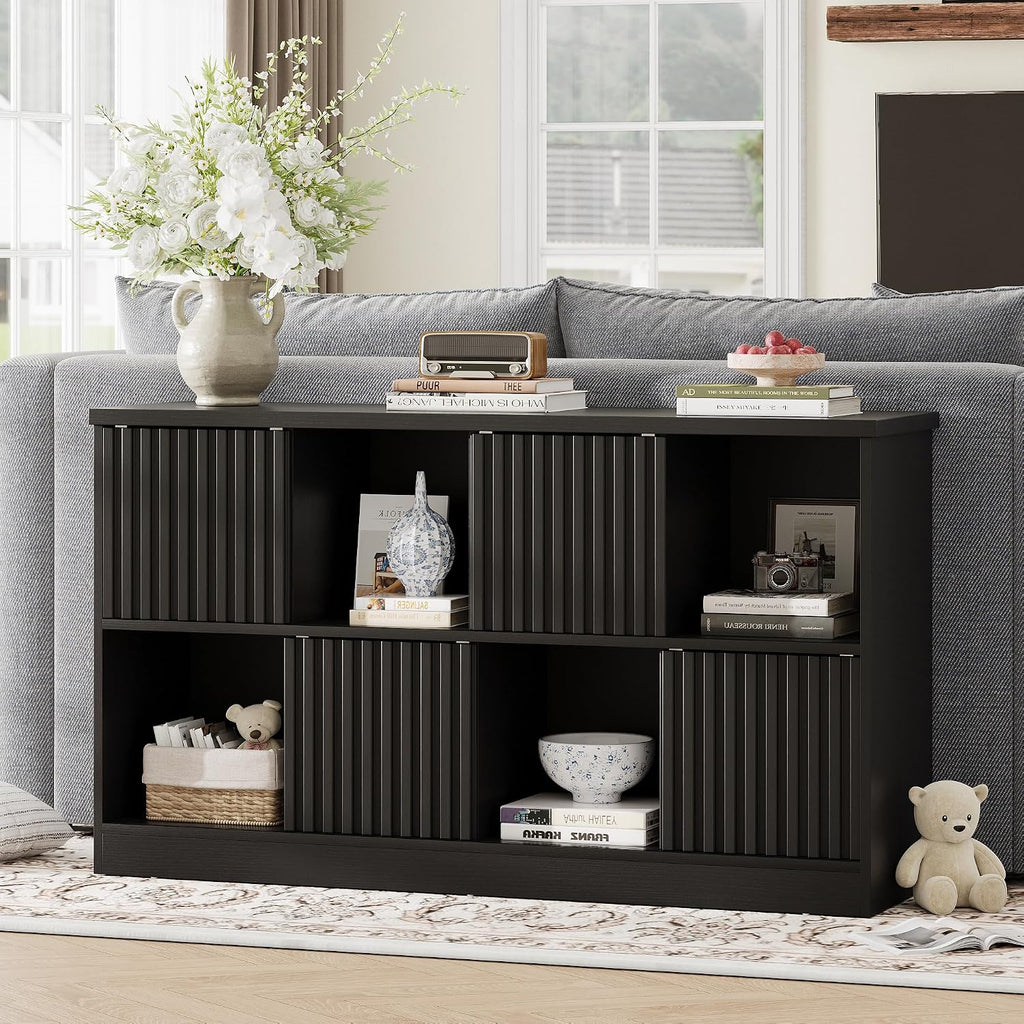 iPormis 8 Cube Bookshelf with Sliding Doors, Wooden Bookcase Storage Cabinet, Freestanding Cube Shelf Organizer for Books Decor in Living Room Bedroom Office, Black