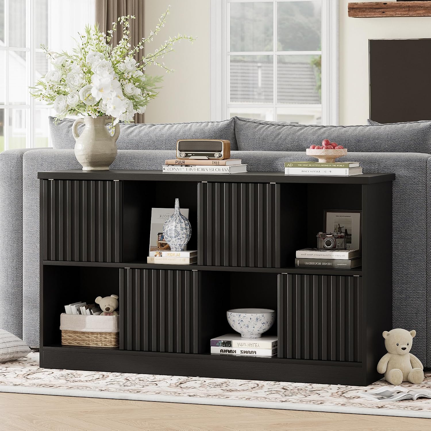 iPormis 8 Cube Bookshelf with Sliding Doors, Wooden Bookcase Storage Cabinet, Freestanding Cube Shelf Organizer for Books Decor in Living Room Bedroom Office, Black