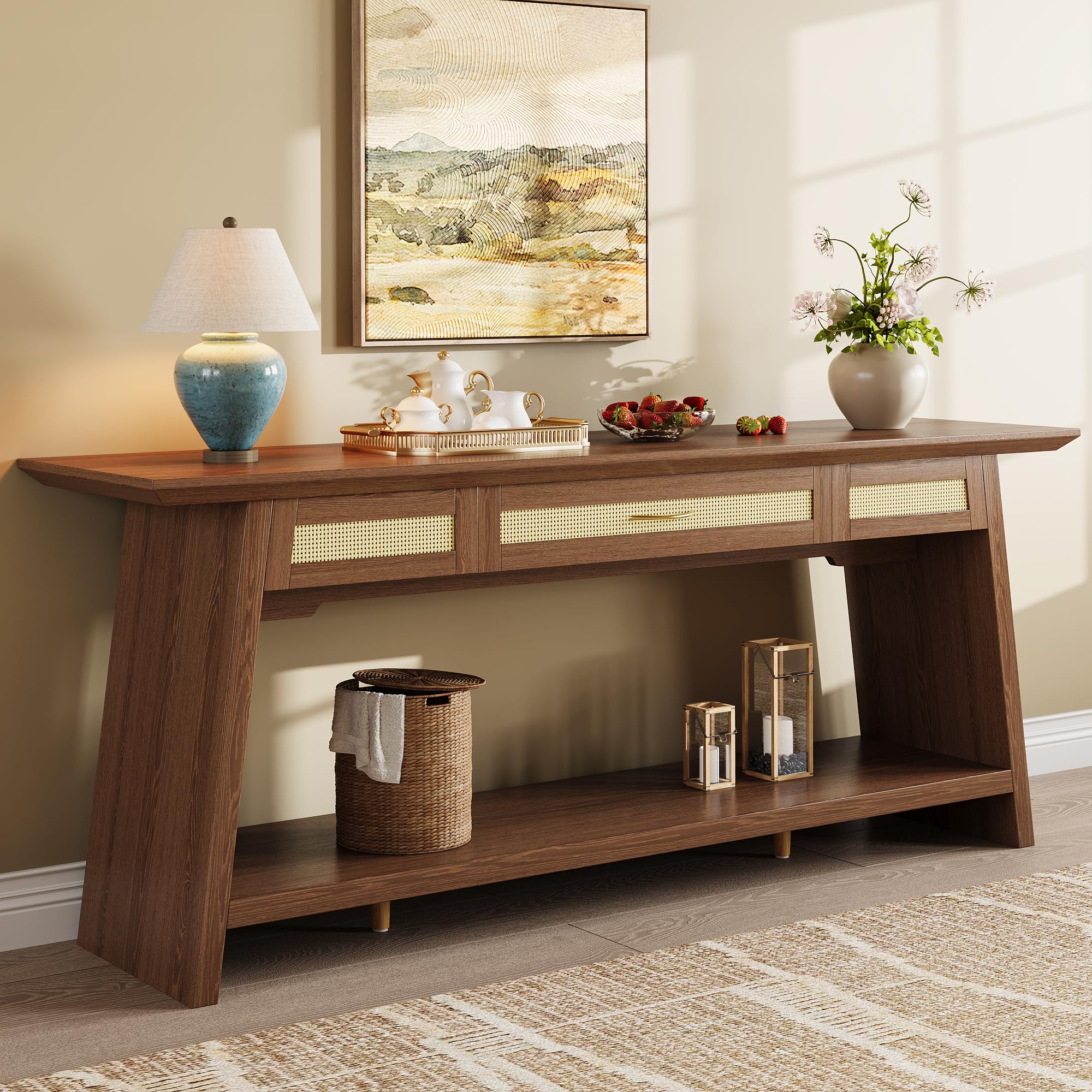 iPormis 70.9 Inches Rattan Entryway Table with Drawer, Narrow Long Console Table Behind Sofa, Modern Entry Accent Hallway Table for Living Room, Behind Couch, Entrance, Black