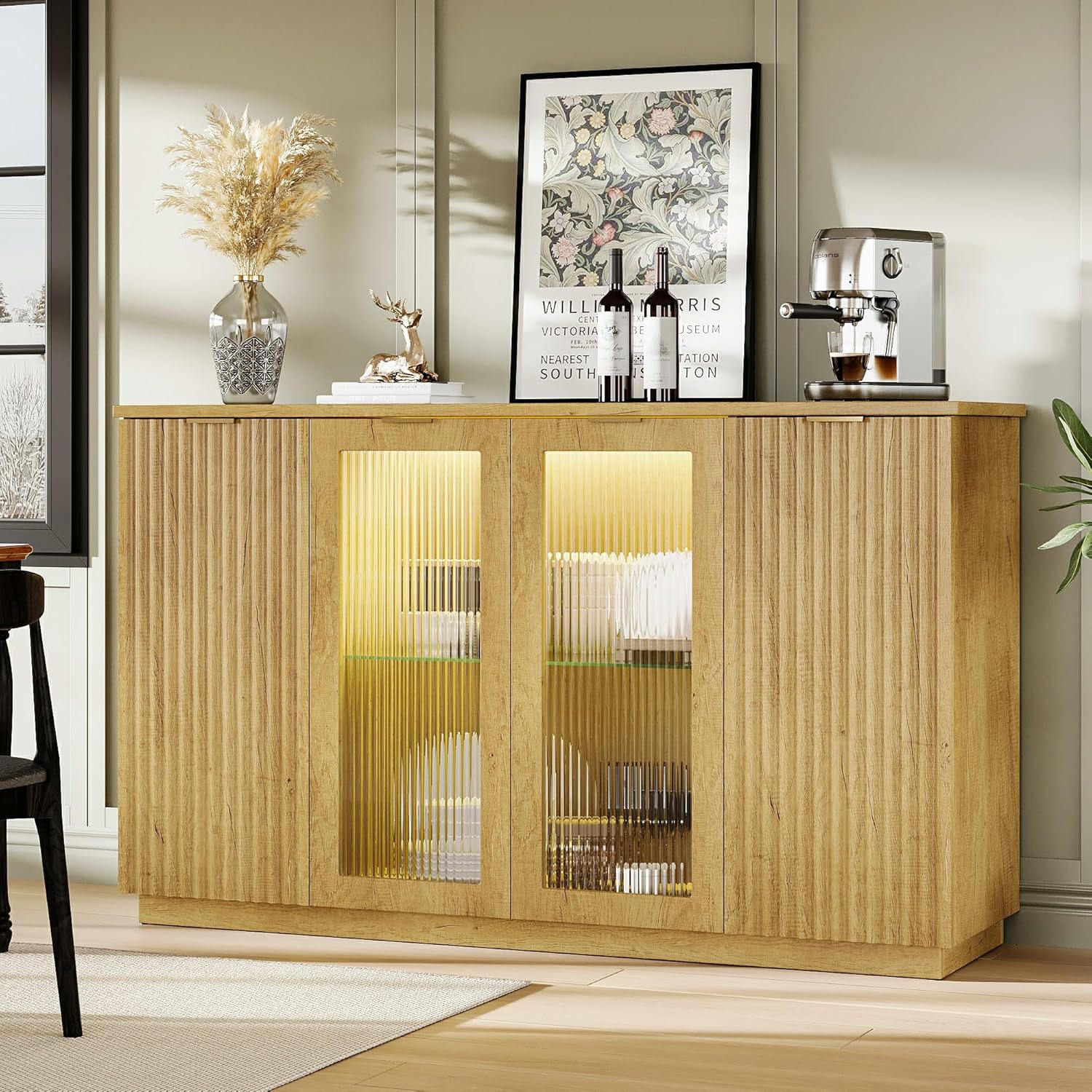 iPormis Sideboard Buffet Cabinet with Glass Doors & LED Lights, Fluted Credenza Storage Cabinet with Adjustable Shelves, 55" Modern Wood Coffee Bar for Kitchen Room Living Room Natural Oak