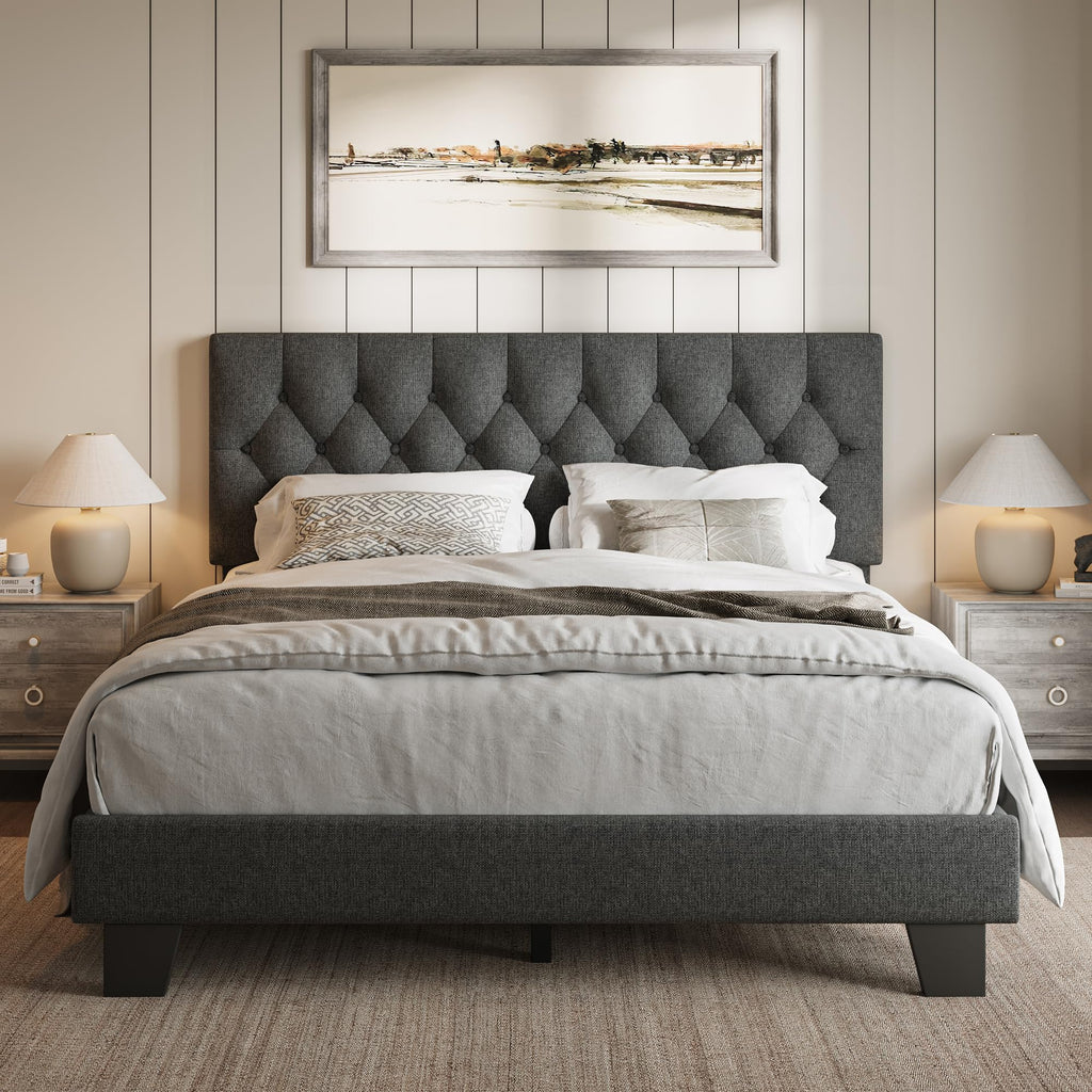 iPormis Upholstered Queen Size Bed Frame with Button Tufted Headboard, Velvet Platform Bed with Thickened Support Legs, Noise-Free/No Box Spring Needed/Easy Assembly, White