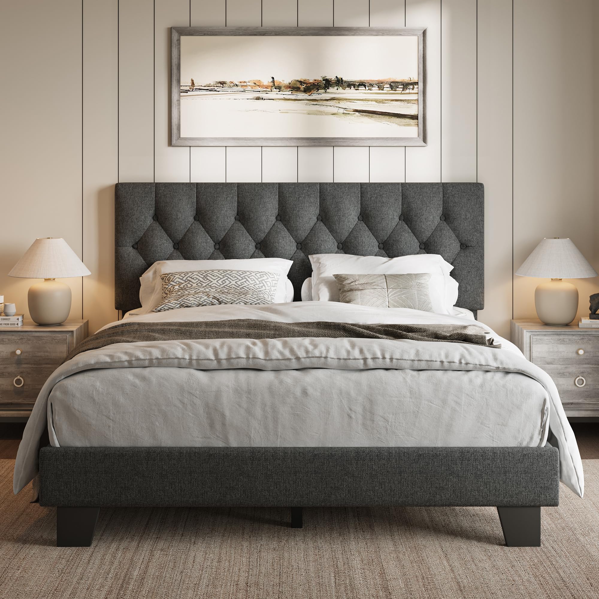 iPormis Upholstered Queen Size Bed Frame with Button Tufted Headboard, Velvet Platform Bed with Thickened Support Legs, Noise-Free/No Box Spring Needed/Easy Assembly, White