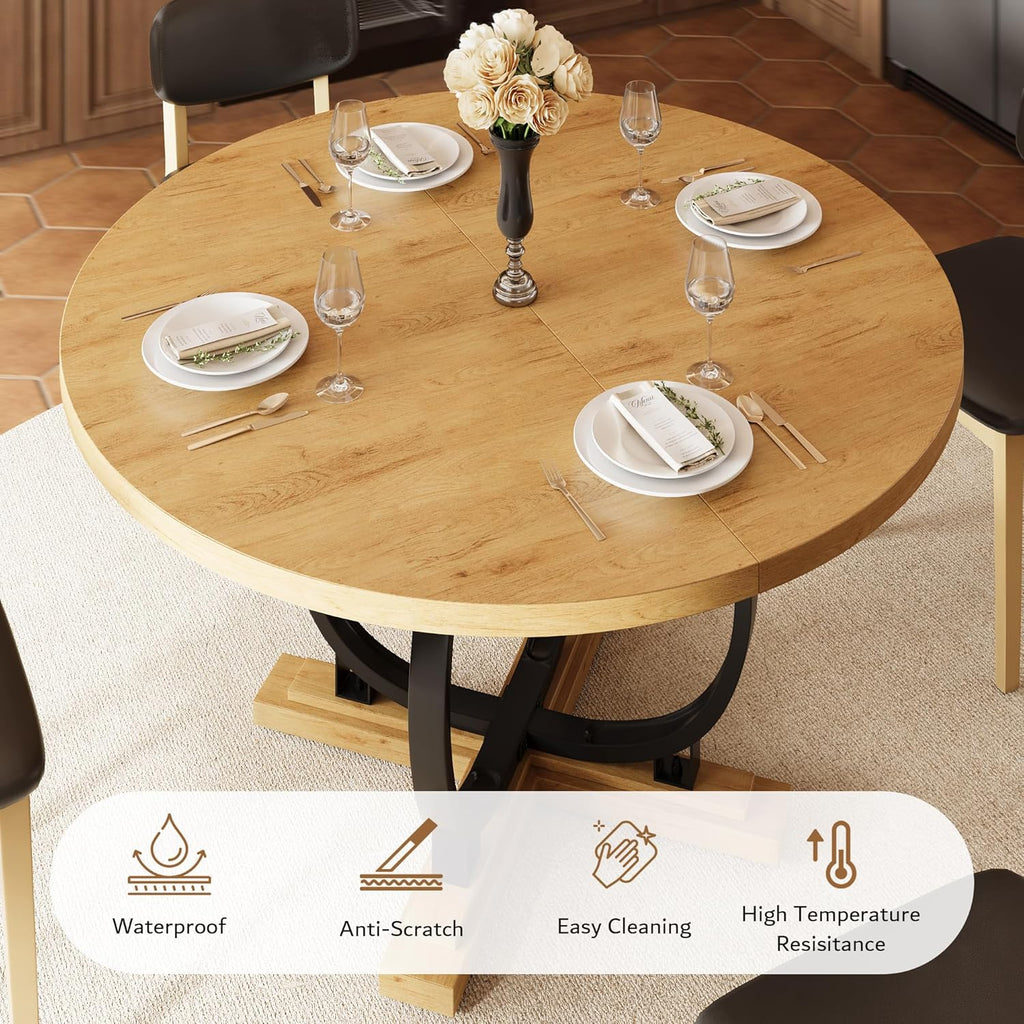 iPormis 59'' extendable round dining table, wood finish, set for 4 to 6, showcasing elegant design and spacious surface.