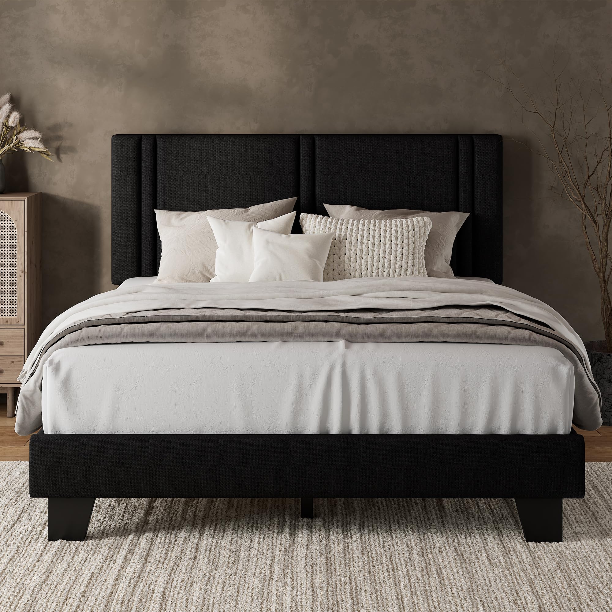 iPormis Queen Platform Bed Frame with Fabric Upholstered Headboard & Thickened Legs, Mattress Foundation w/Solid Wooden Slats Support, Noise Free, No Box Spring Needed, Dark Grey