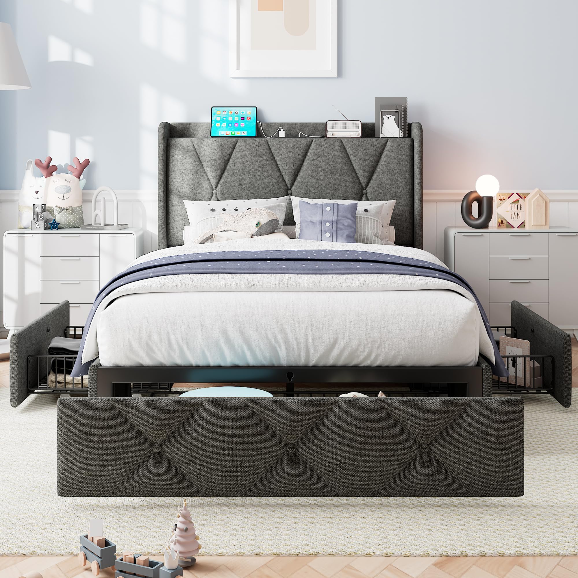 iPormis Queen Bed Frame with 4 Storage Drawers, Upholstered Platform Bed Frame with Charging Station, Modern Wingback Storage Headboard, Easy Assembly, Light Grey