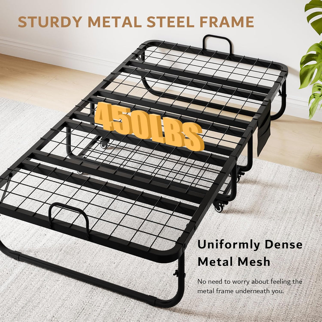 iPormis Folding Bed with Mattress, 76" x 38" Twin Foldable Bed with Side Pocket & Storage Shelf, Portable Rollaway Beds for Adults, Folded Up Beds w/Sturdy Metal Frame for Guest, Space Saving