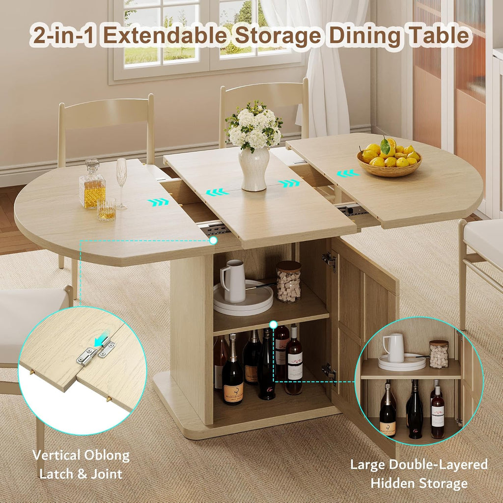 iPormis Extendable Round Dining Table for 4-6, 59'' Modern Kitchen Table with 2-Tier Storage Shelf, Wood Door, MDF Board, Space Saving Oval Dinner with Sturdy Pedestal Base, Kitchen, Dining, Natural