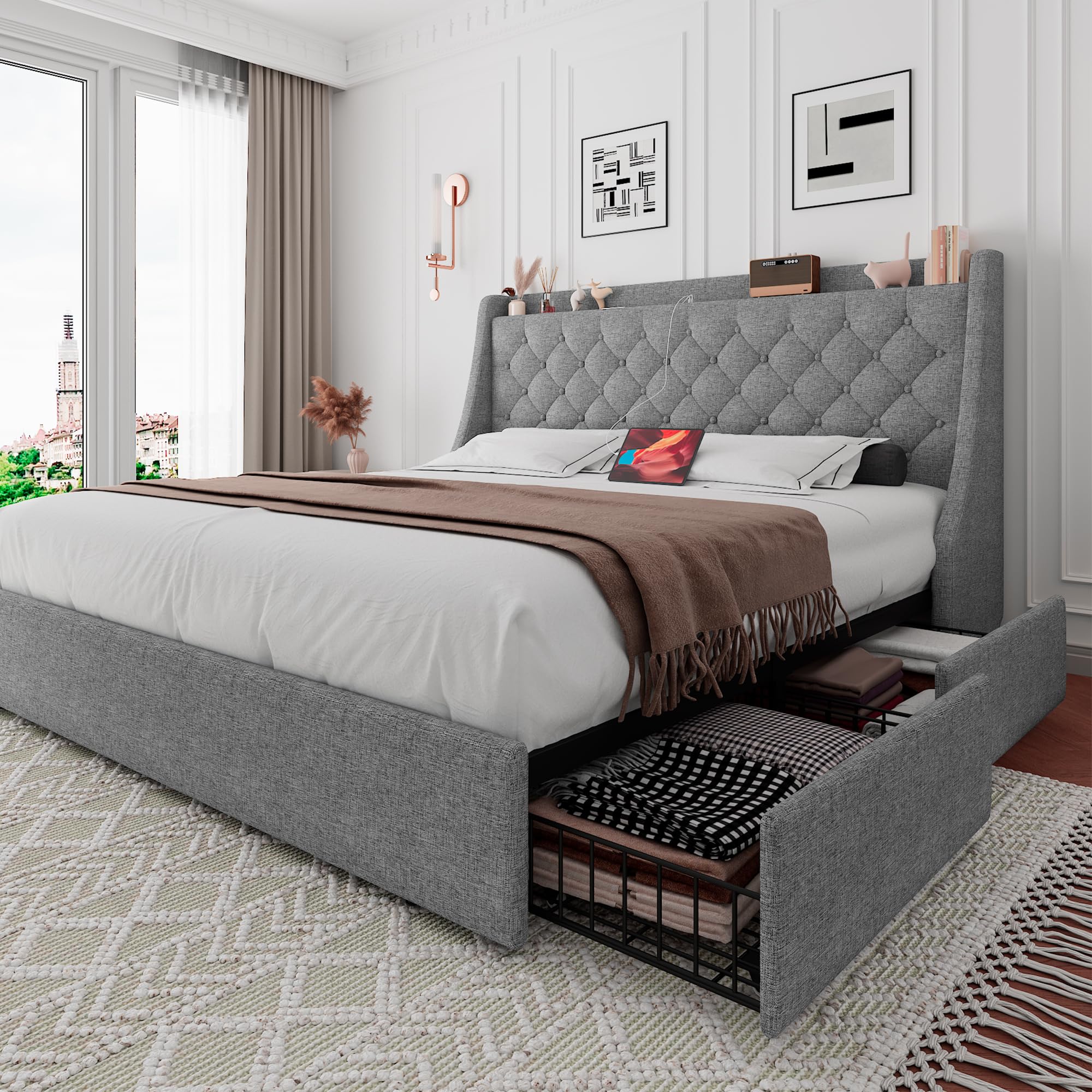 iPormis Queen Bed Frame with 4 Storage Drawers, Upholstered Platform Bed Frame with Type-C & USB Ports, Wingback Storage Headboard, Solid Wood Slats, No Box Spring Needed, Dark Gray
