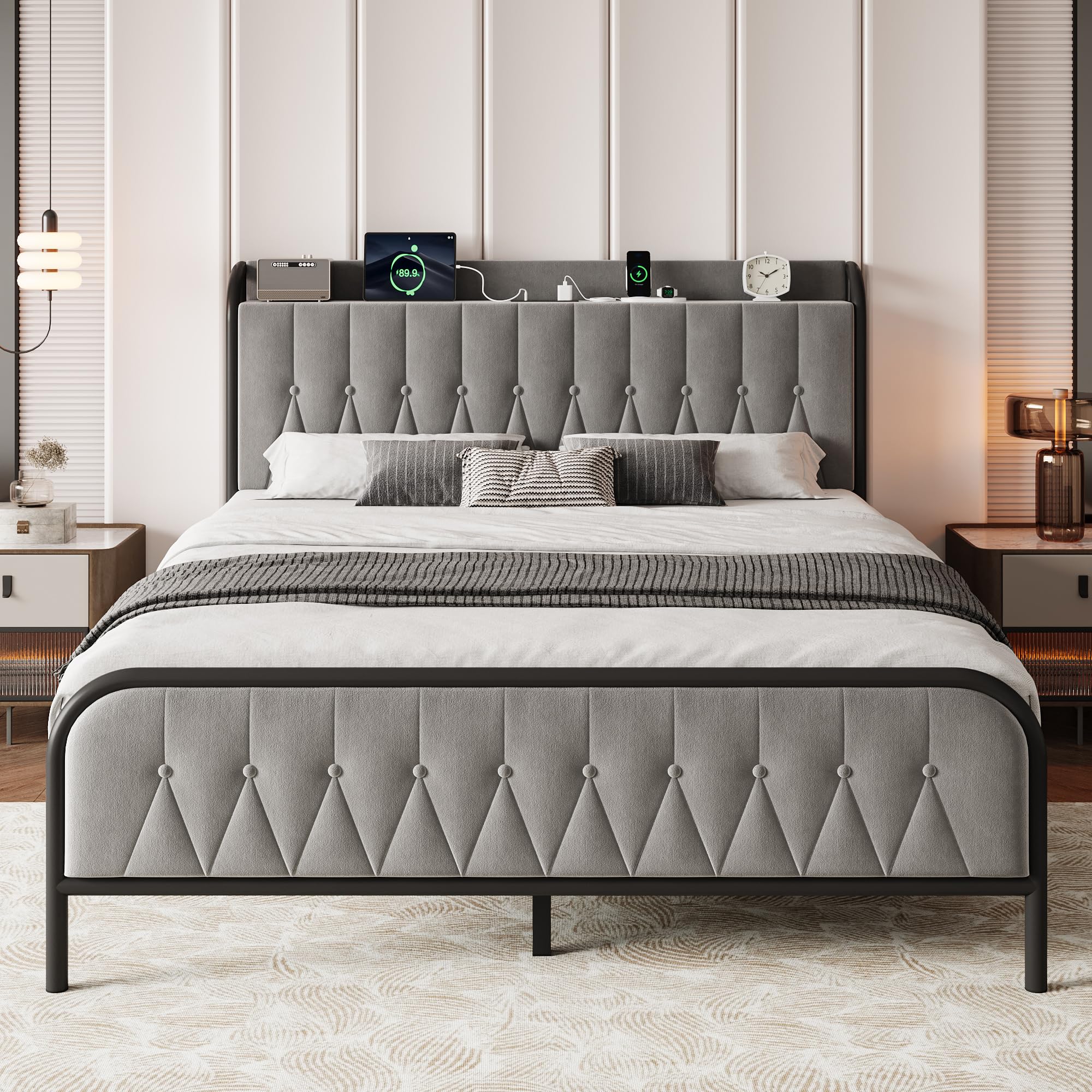 iPormis Metal Bed Frame Queen Size with Charging Station, Velvet Upholstered Headboard and Footboard, Heavy Duty Steel Support, 12" Under Bed Storage, No Box Spring Needed, Easy Assembly, Dark Grey