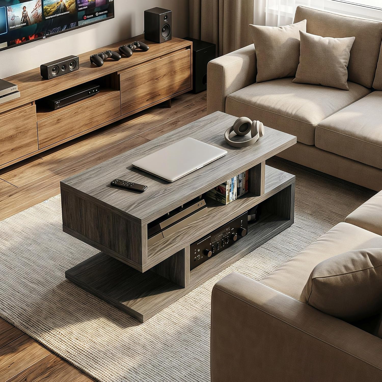 iPormis 41.3" Coffee Table with 3-Tier Storage Space, Modern Coffee Table with Geometric Design for Living Room, Apartment, Home Office, Easy Assembly, Elegant Grey