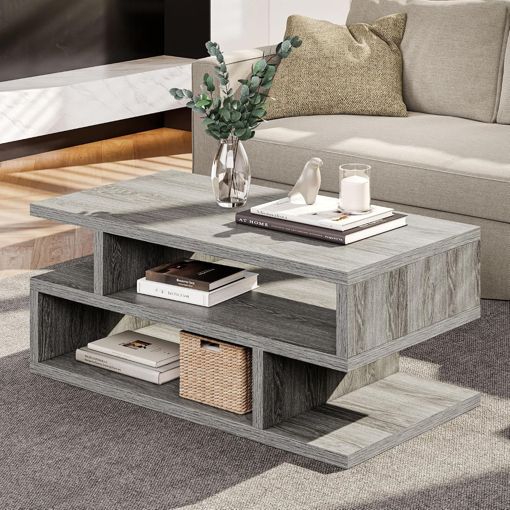 iPormis 41.3" Coffee Table with 3-Tier Storage Space, Modern Coffee Table with Geometric Design for Living Room, Apartment, Home Office, Easy Assembly, Elegant Grey