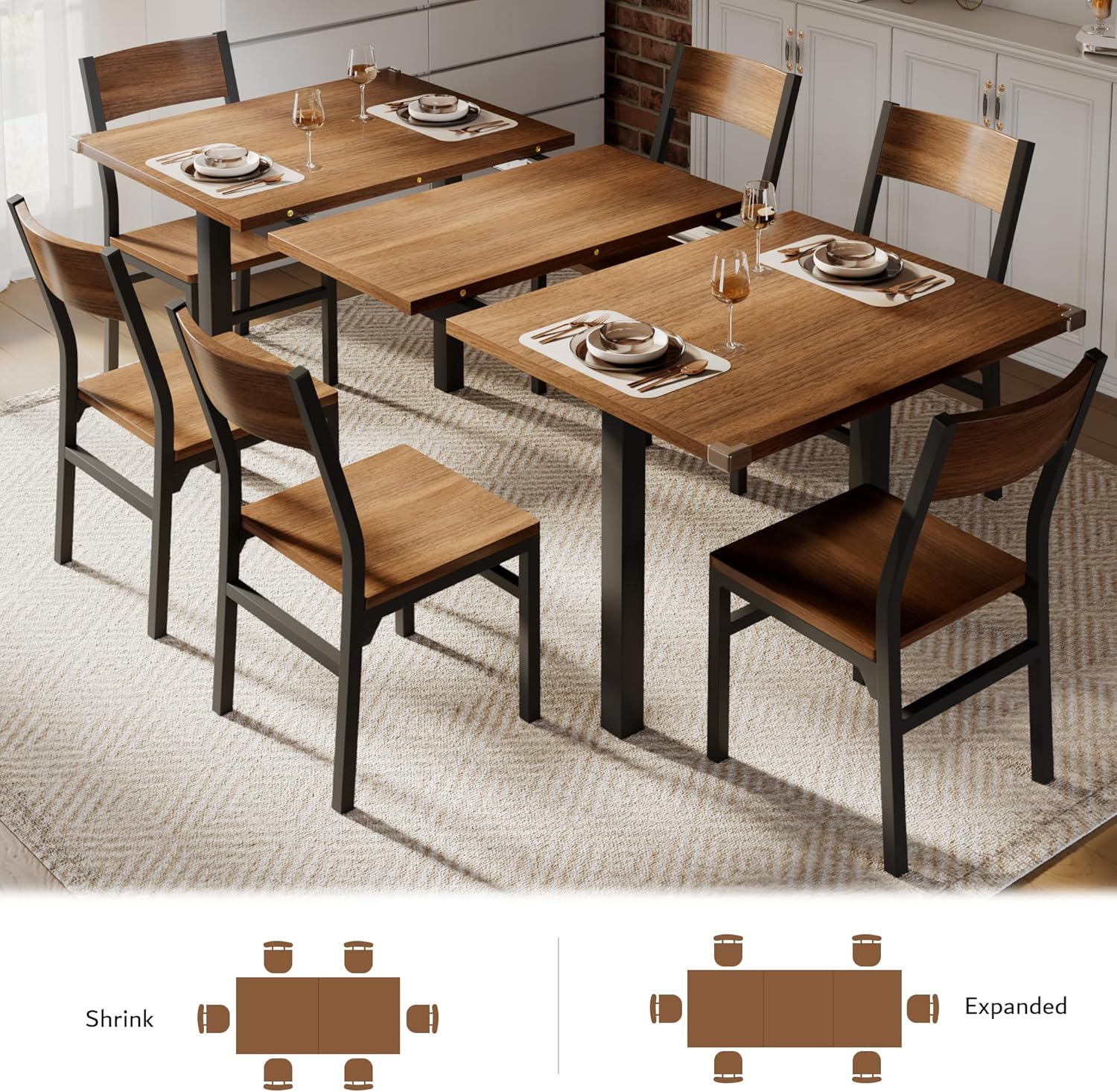 iPormis 7-piece dining table set with 6 chairs, featuring a 63" extendable kitchen table in a modern design.