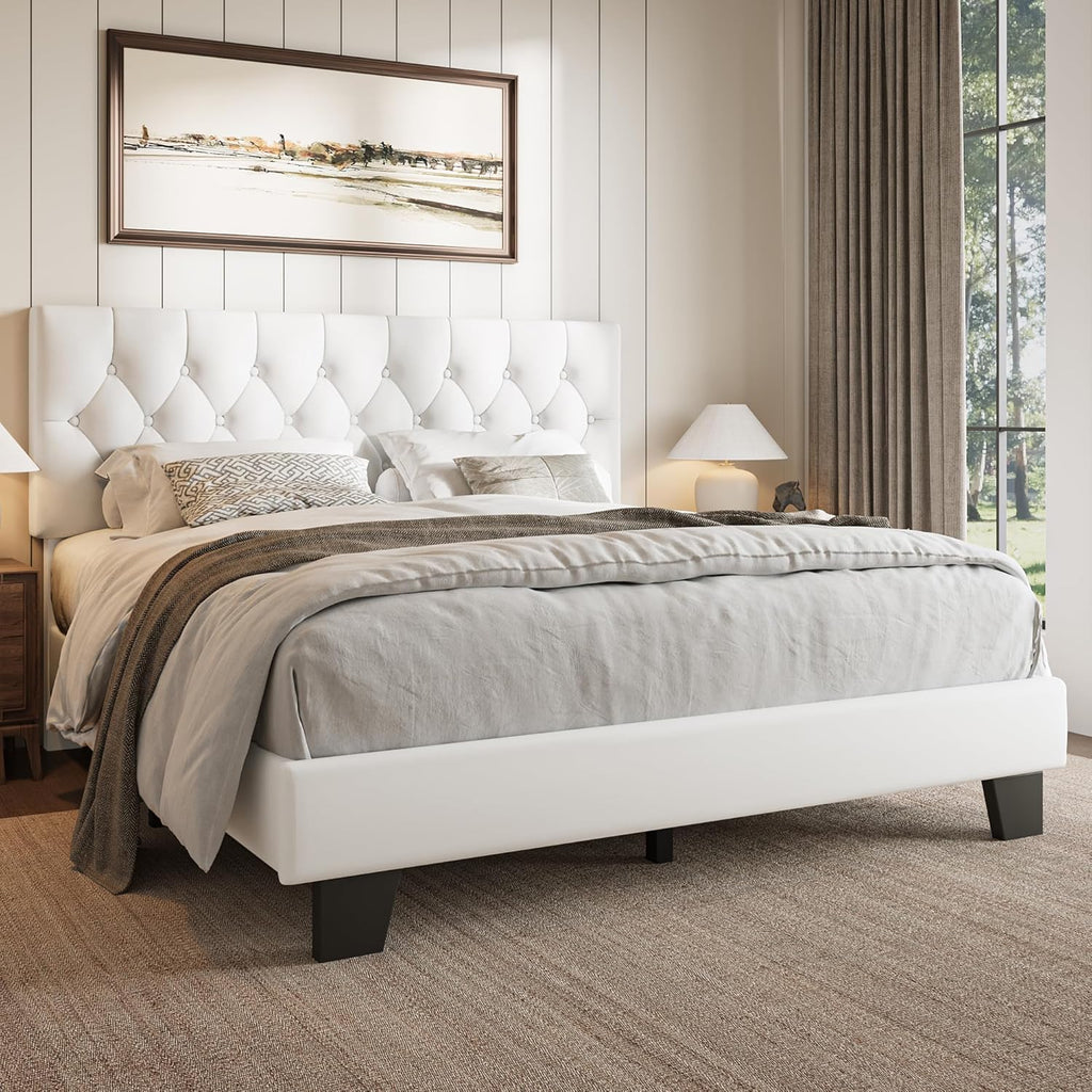 iPormis Upholstered Queen Size Bed Frame with Button Tufted Headboard, Velvet Platform Bed with Thickened Support Legs, Noise-Free/No Box Spring Needed/Easy Assembly, White