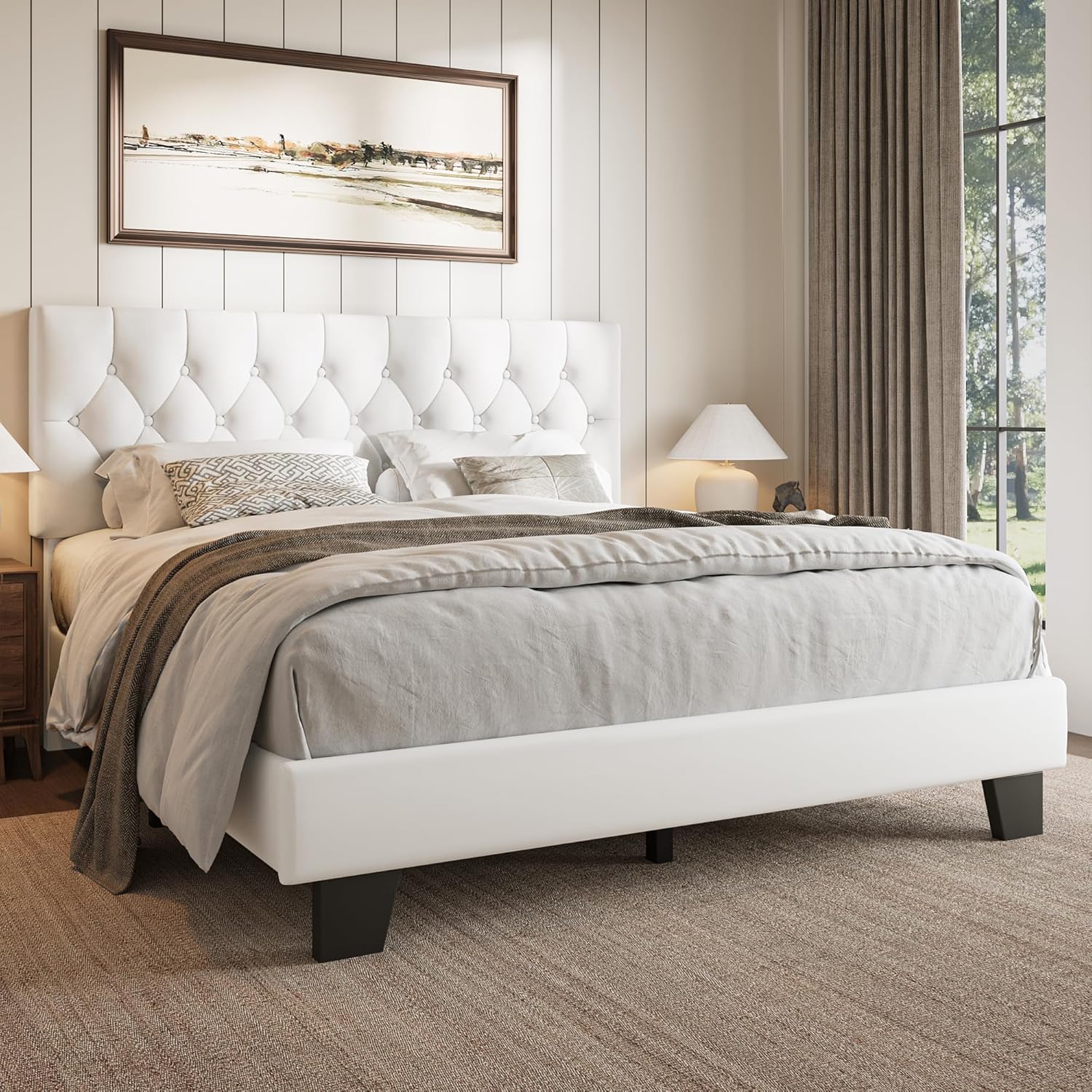 iPormis Upholstered Queen Size Bed Frame with Button Tufted Headboard, Velvet Platform Bed with Thickened Support Legs, Noise-Free/No Box Spring Needed/Easy Assembly, White