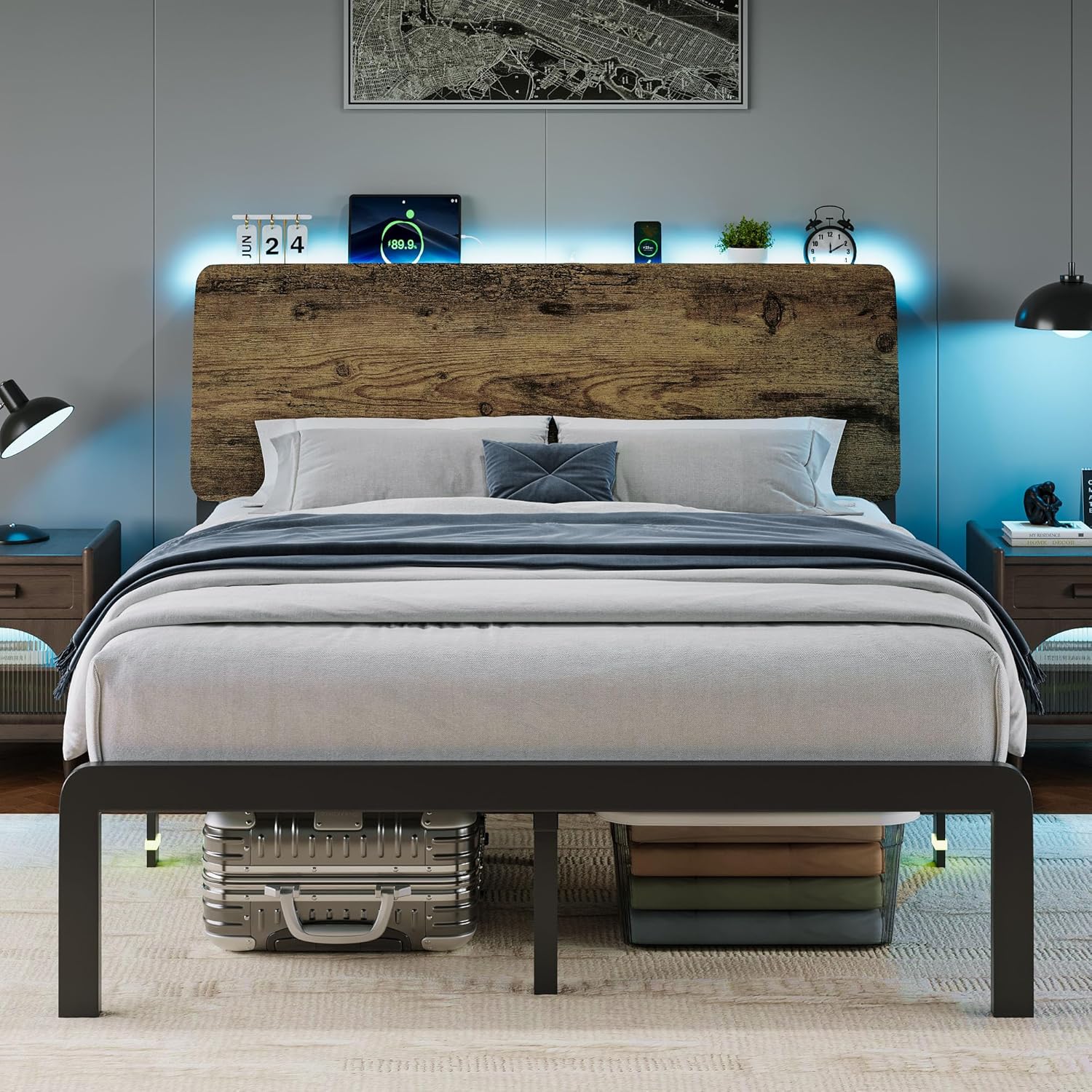 iPormis Queen Metal Bed Frame with LED Lights & Charging Station, Platform Bed with Ergonomic Storage Headboard, Steel Slats Supports, No Box Spring Needed, Noise-Free, Easy Assembly, Rustic