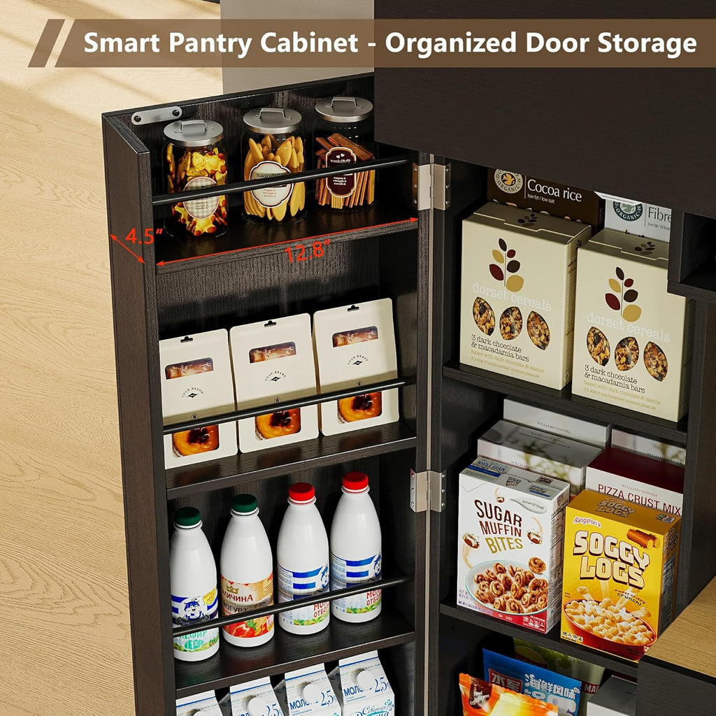 iPormis 69" Tall Kitchen Pantry Storage Cabinet with LED Lights & Microwave Stand & Wine Rack, Kitchen Hutch with Door Shelves & Adjustable Shelf & Drawers & Charge Station for Living Room, Black