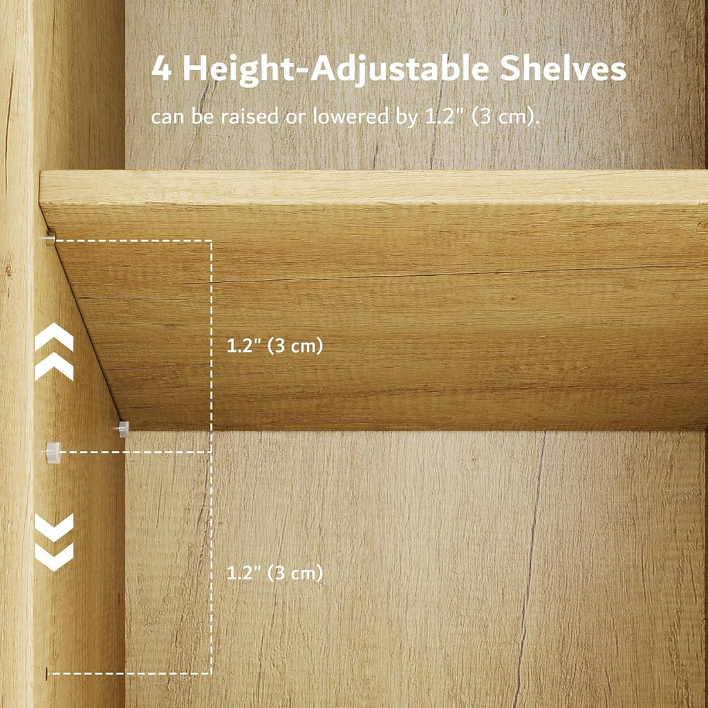 iPormis Sideboard Buffet Cabinet with Glass Doors & LED Lights, Fluted Credenza Storage Cabinet with Adjustable Shelves, 55" Modern Wood Coffee Bar for Kitchen Room Living Room Natural Oak