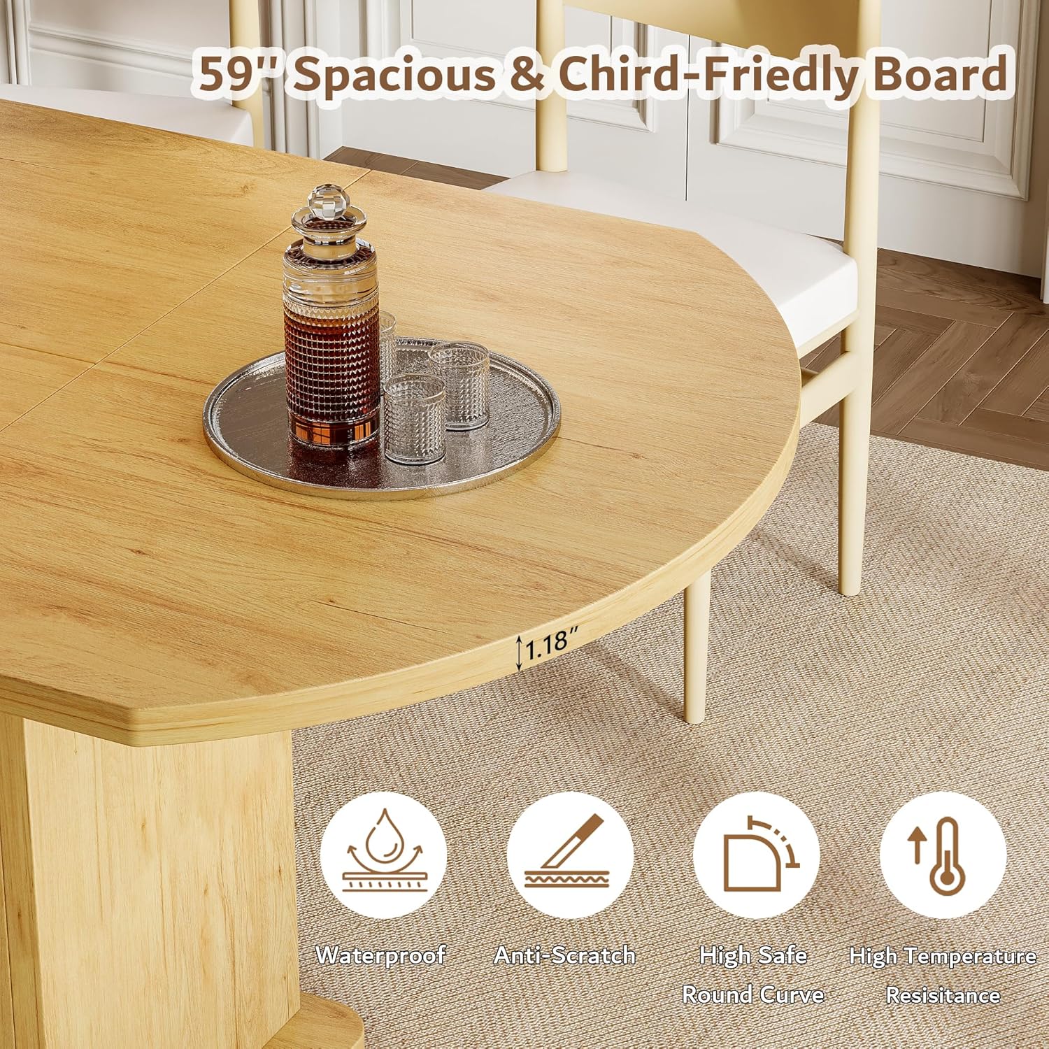 iPormis Extendable Round Dining Table for 4-6, 59'' Modern Kitchen Table with 2-Tier Storage Shelf, Wood Door, MDF Board, Space Saving Oval Dinner with Sturdy Pedestal Base, Kitchen, Dining, Oak